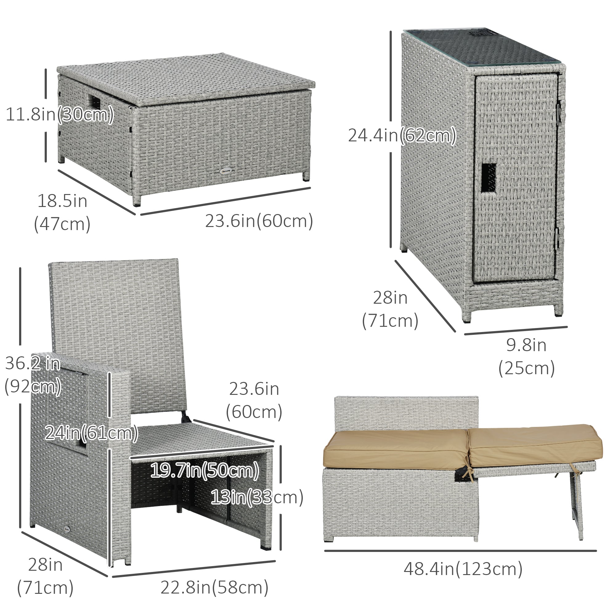 Outsunny 5PC Wicker Patio Lounger, Outdoor PE Rattan 5-level Adjustable Recliner Sofa Bed with Storage Side Table and Footstools, for Patio, Garden, Poolside, Khaki