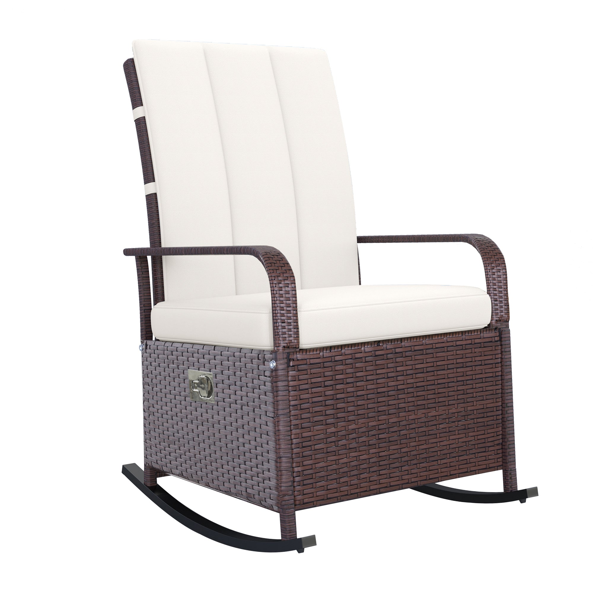 Outsunny Outdoor Wicker Rocking Chair with Cushion, Patio PE Rattan Recliner Chair with Adjustable Footrest, Armrests, Cream White