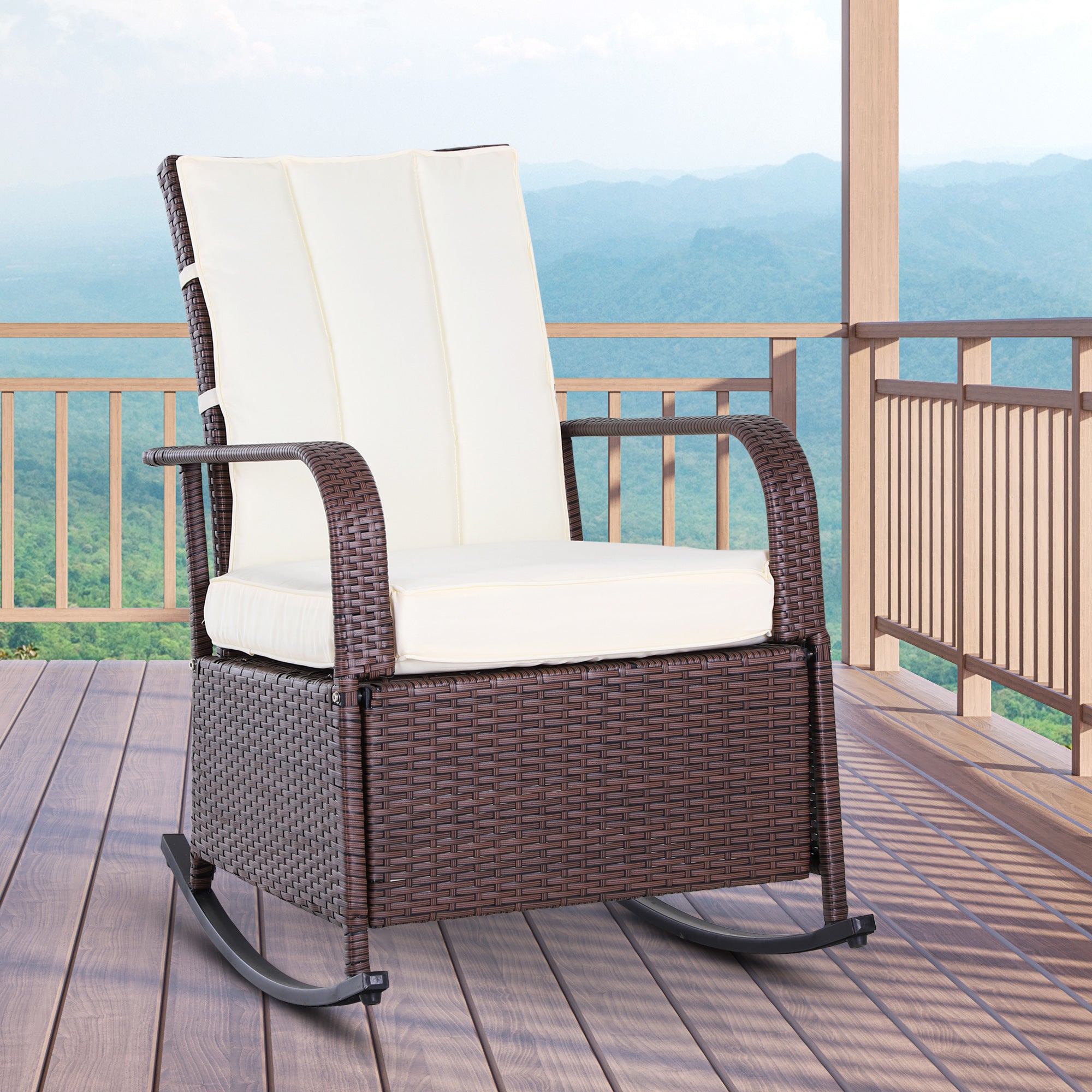 Outsunny Outdoor Wicker Rocking Chair with Cushion, Patio PE Rattan Recliner Chair with Adjustable Footrest, Armrests, Cream White