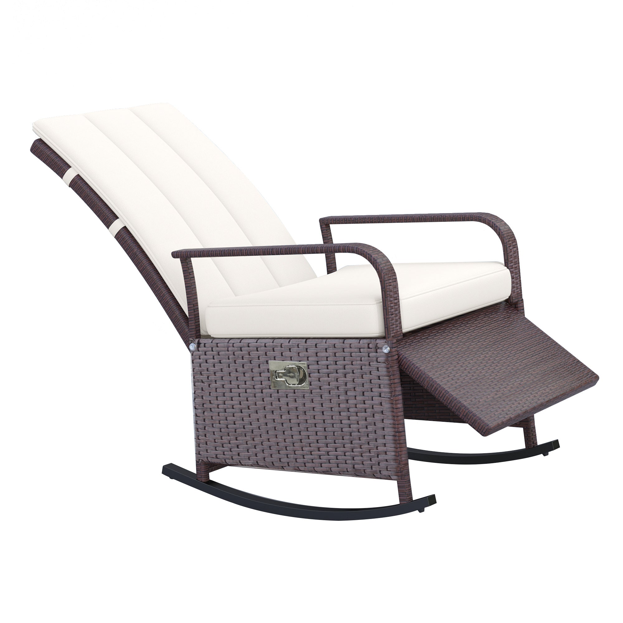 Outsunny Outdoor Wicker Rocking Chair with Cushion, Patio PE Rattan Recliner Chair with Adjustable Footrest, Armrests, Cream White