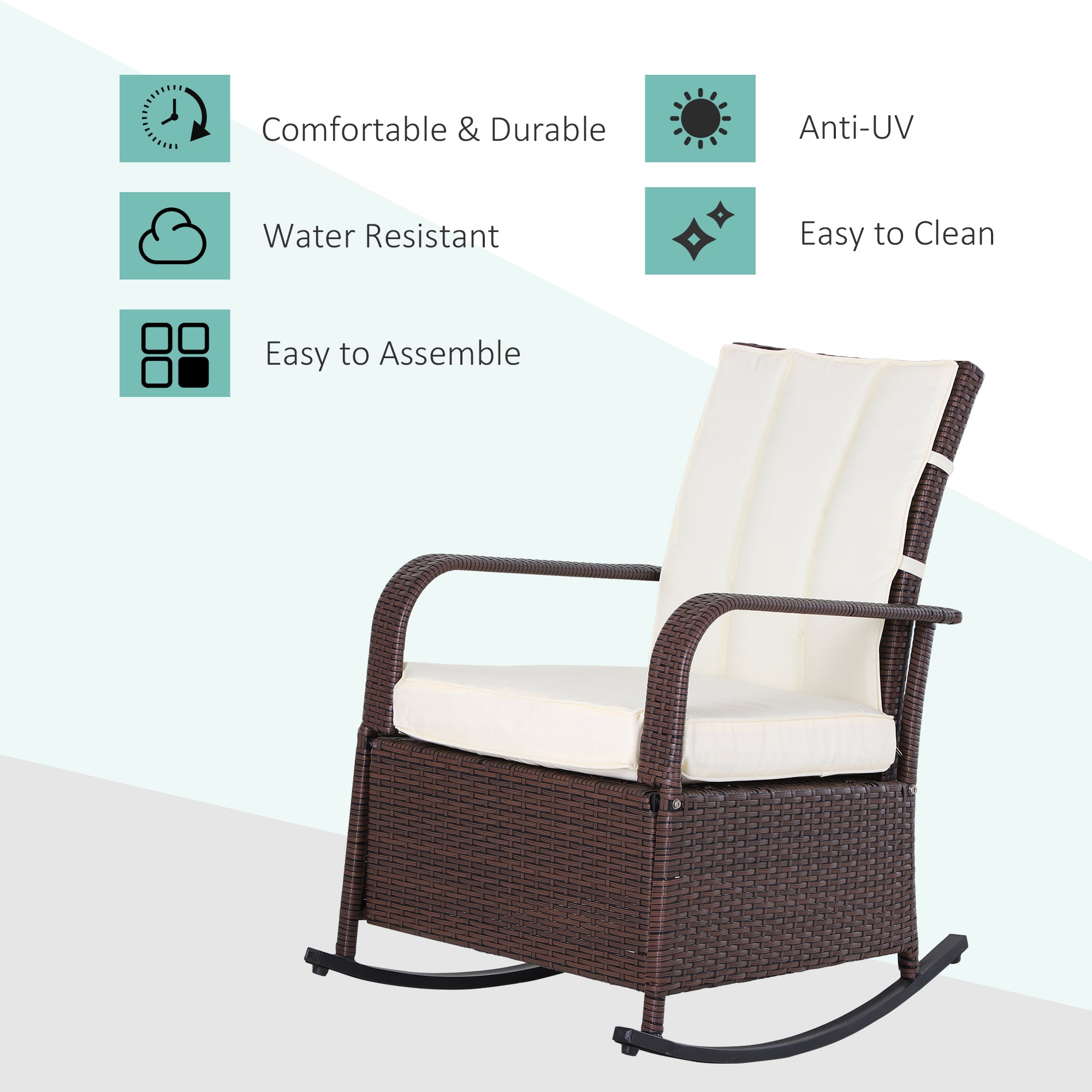 Outsunny Outdoor Wicker Rocking Chair with Cushion, Patio PE Rattan Recliner Chair with Adjustable Footrest, Armrests, Cream White