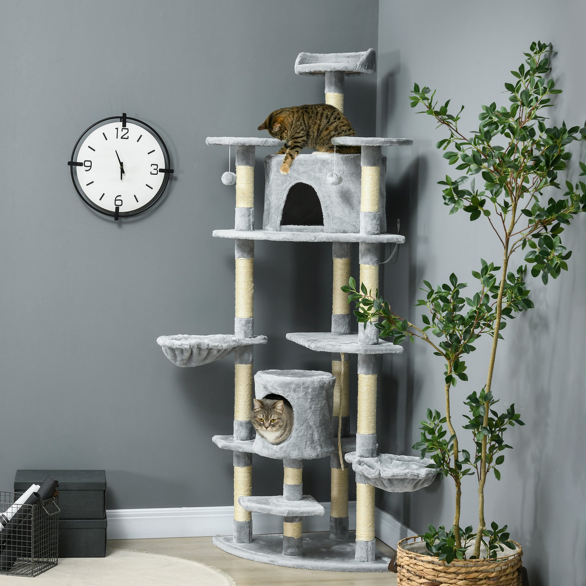PawHut 79" Cat Tree Tower, Large Cat Condo Furniture, Multi-Level Cat Tower with Scratching Posts, Cozy Hammock, Dangling Balls - Dark Grey