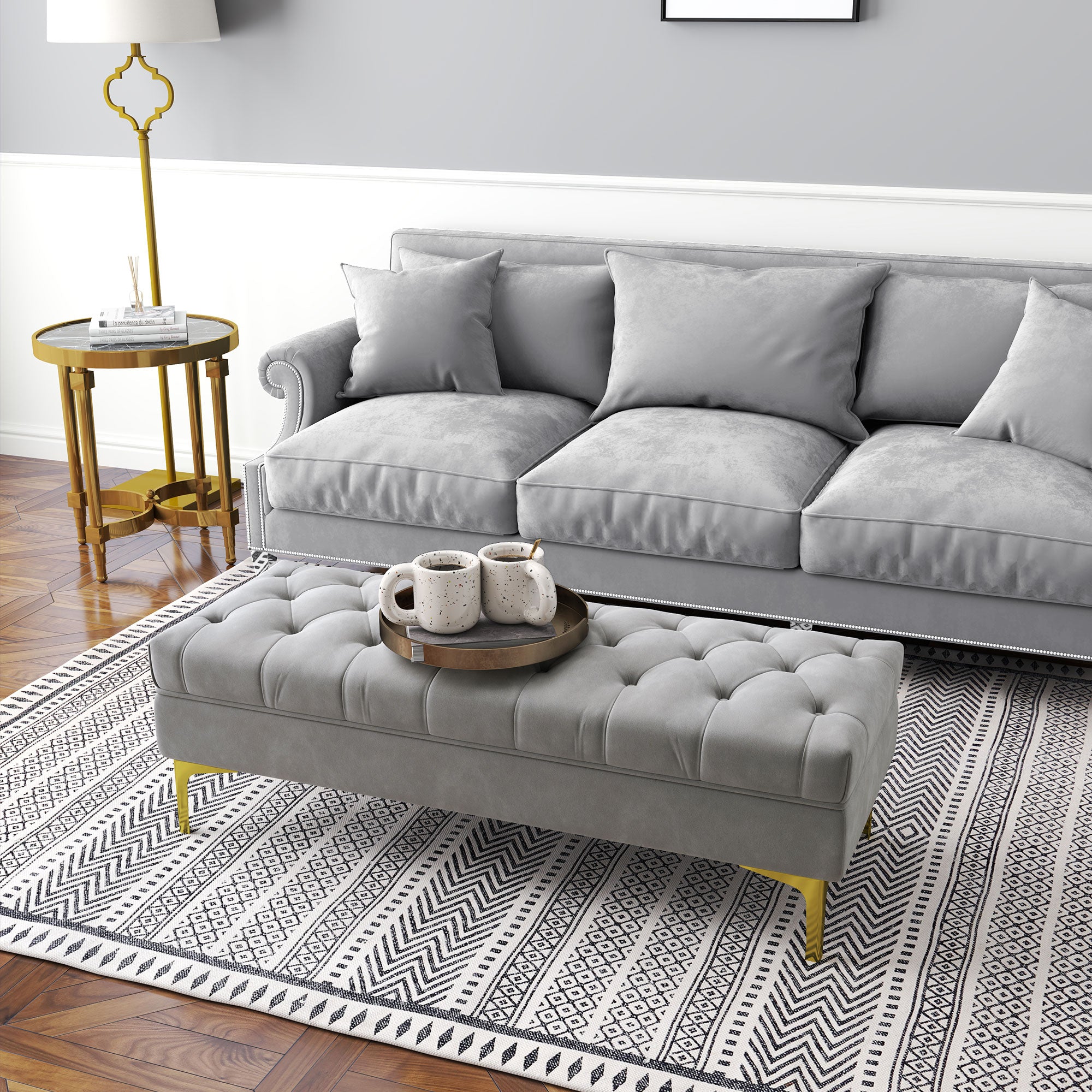 HOMCOM Velvet Upholstered Bench Seat, End of Bed Bench, Entryway Shoe Bench with Button Tufted for Living Room, Bedroom, Grey