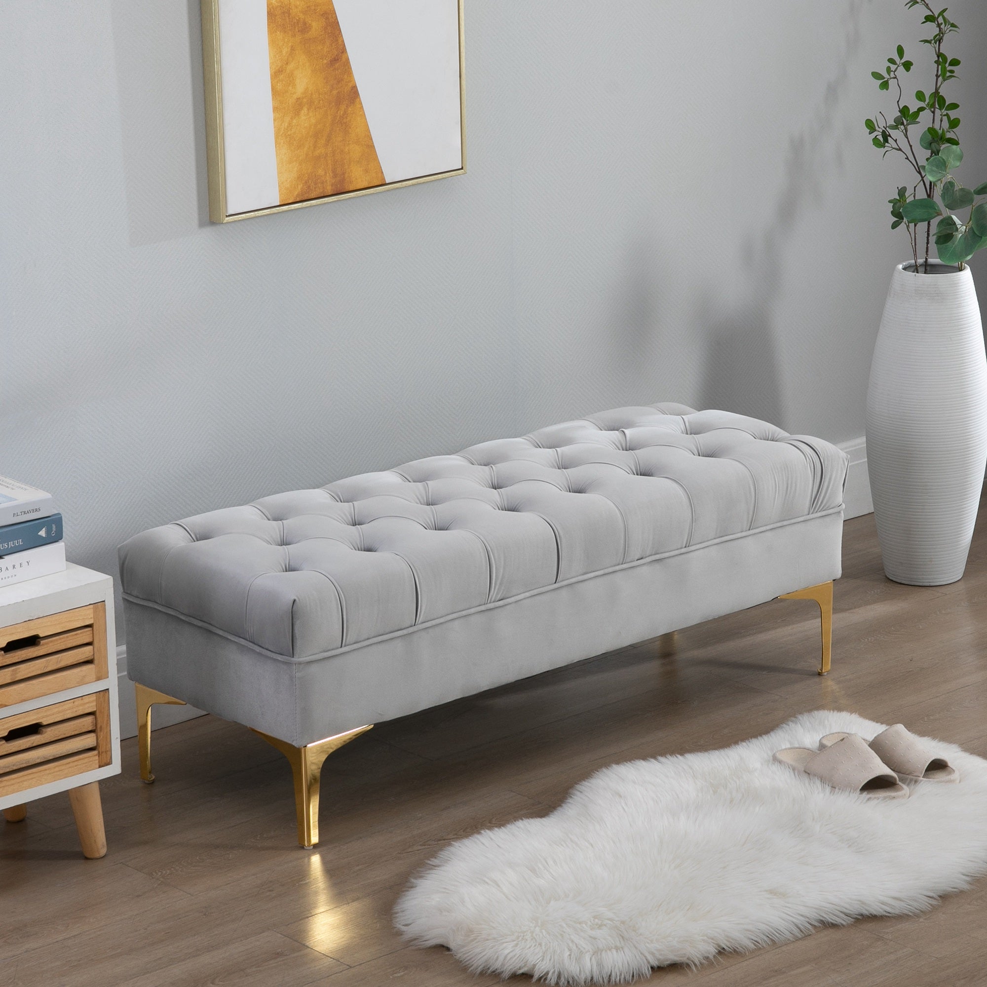 HOMCOM Velvet Upholstered Bench Seat, End of Bed Bench, Entryway Shoe Bench with Button Tufted for Living Room, Bedroom, Grey