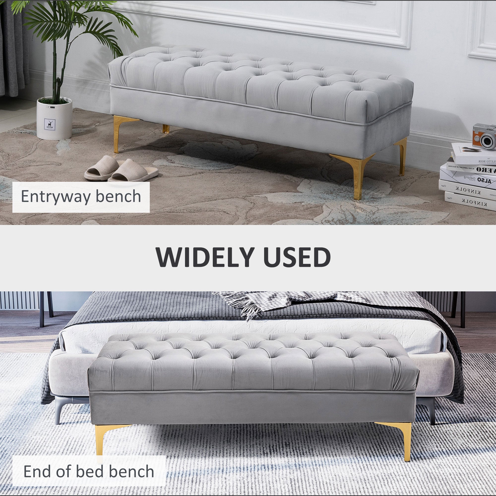 HOMCOM Velvet Upholstered Bench Seat, End of Bed Bench, Entryway Shoe Bench with Button Tufted for Living Room, Bedroom, Grey