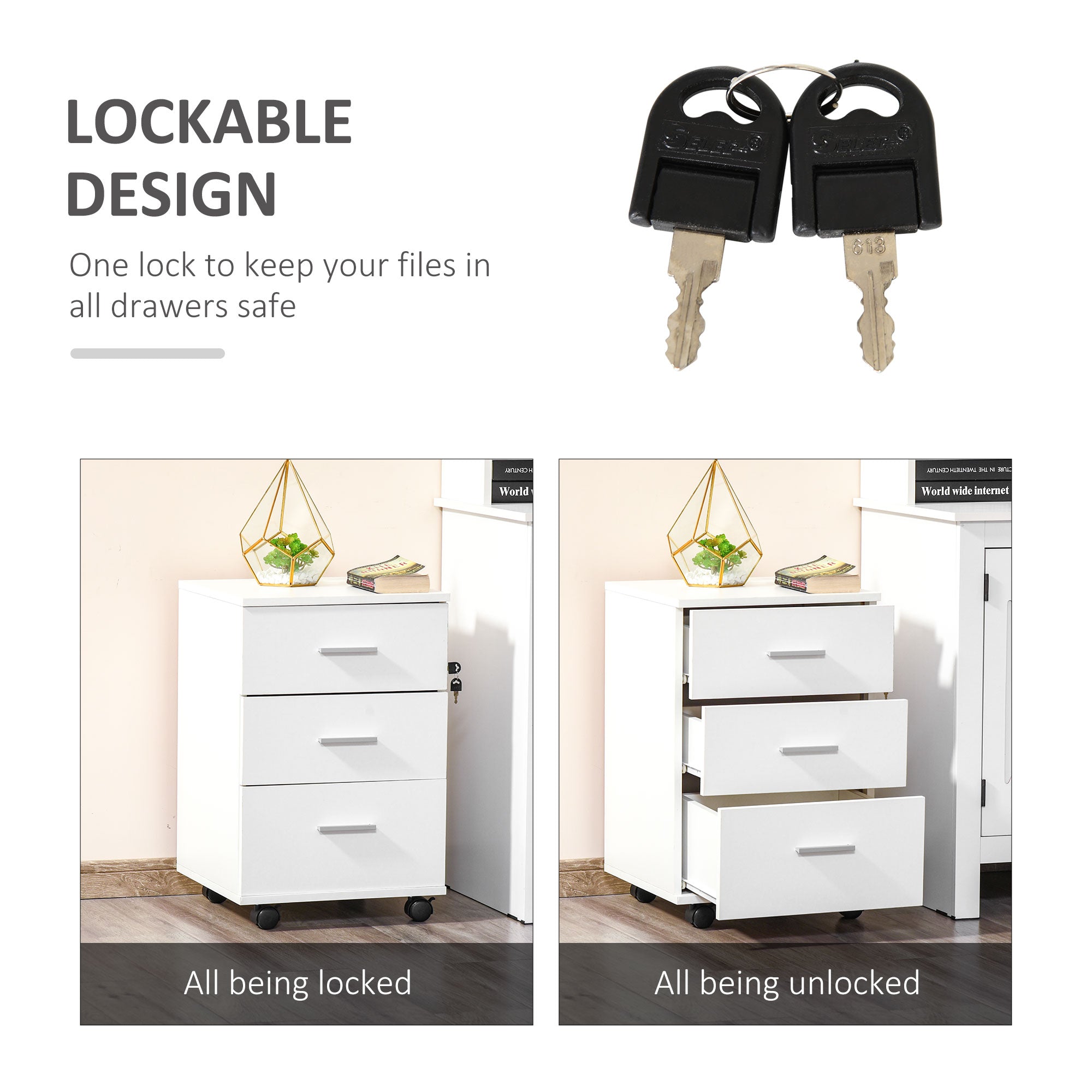 Vinsetto 3 Drawer File Cabinet with Lock and Keys, Mobile Vertical Filing Cabinet with Wheels and Drawers, Home Office Cabinet, White