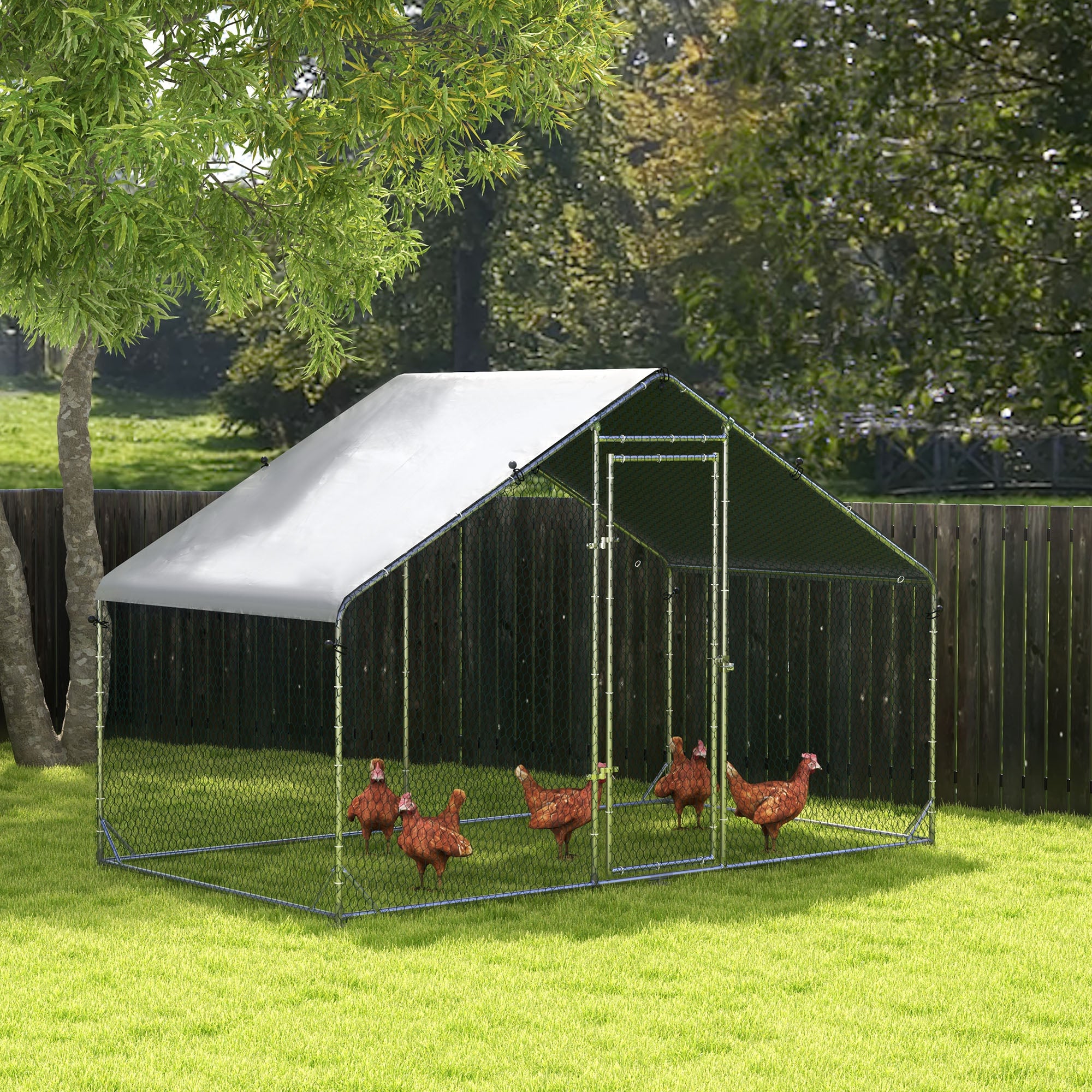 PawHut Chicken Run Galvanised Walk-in Chicken Coop Hen Poultry House Cage Rabbit Hutch Pet Playpen Garden w/ Water-Resist Cover, 3 x 1.7 x 1.9m