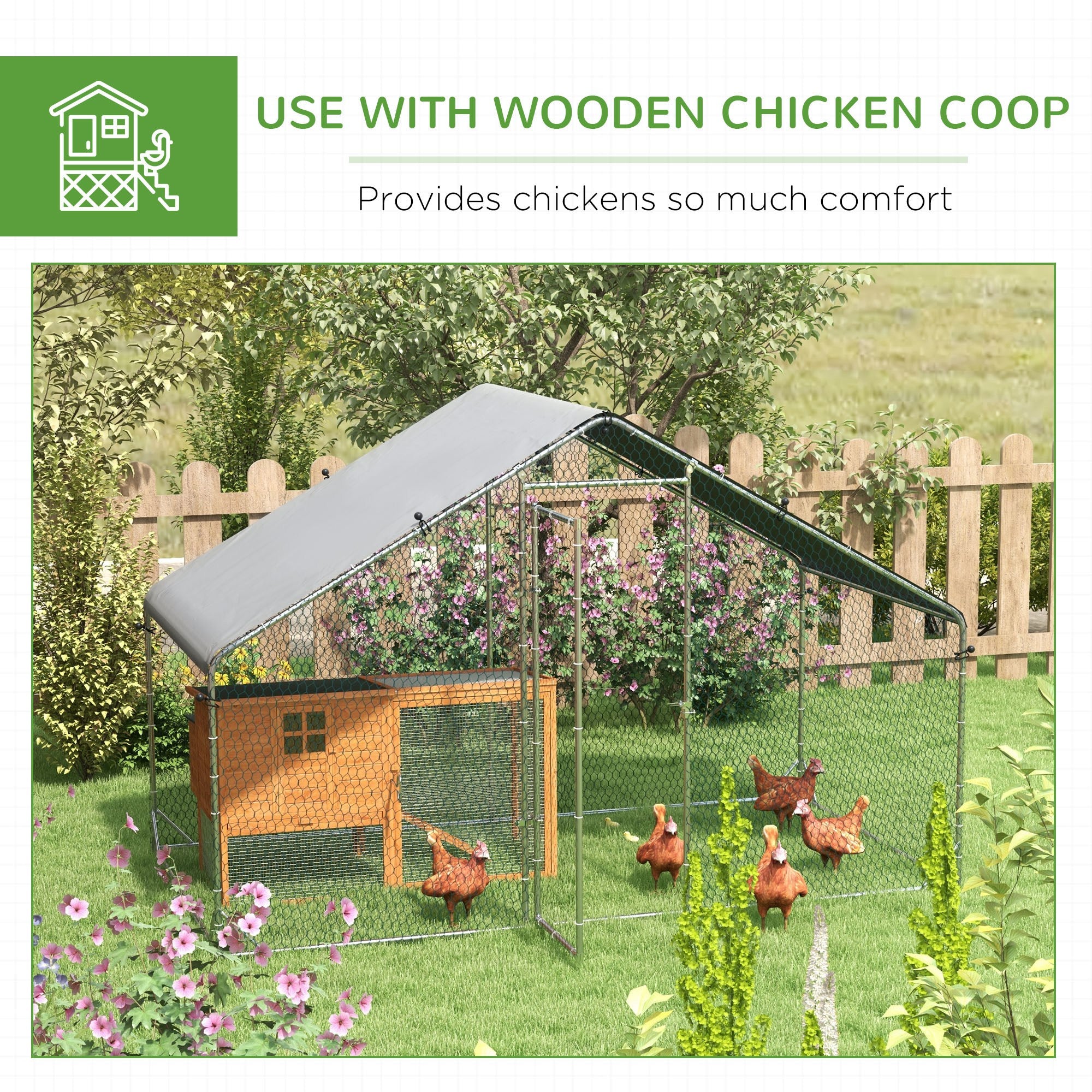 PawHut Chicken Run Galvanised Walk-in Chicken Coop Hen Poultry House Cage Rabbit Hutch Pet Playpen Garden w/ Water-Resist Cover, 3 x 1.7 x 1.9m