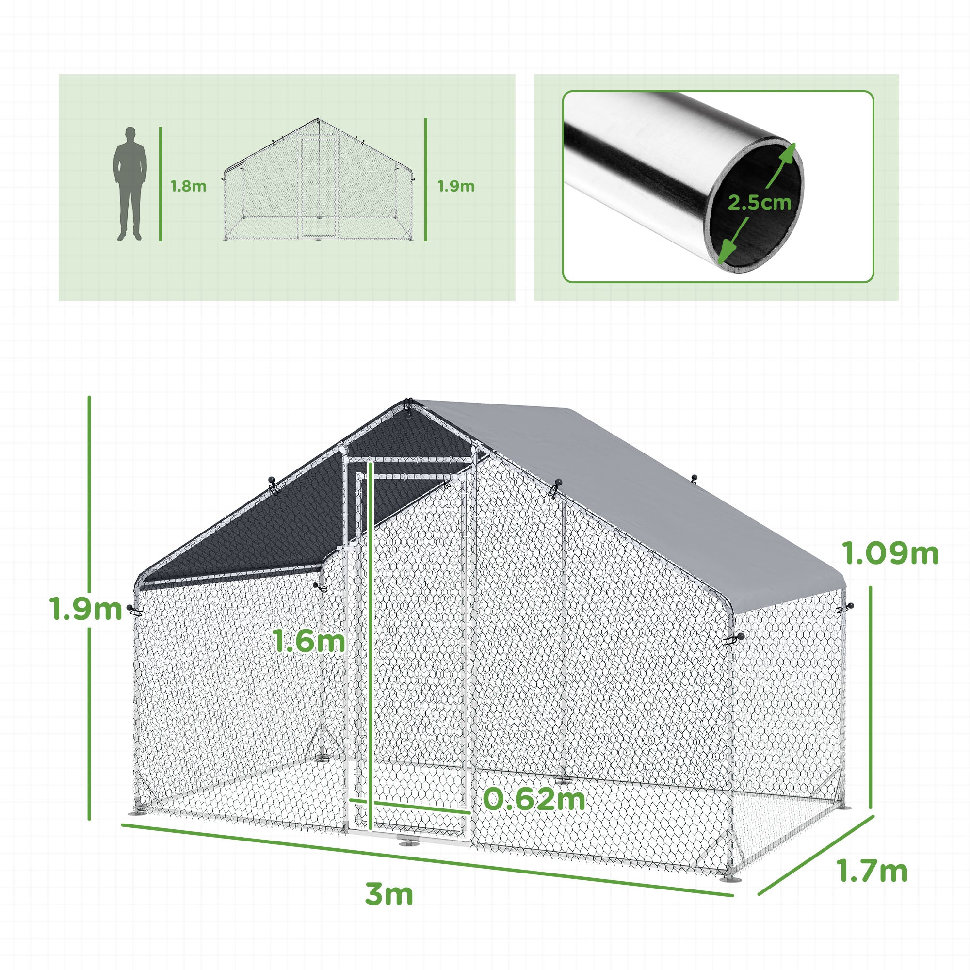 PawHut Chicken Run Galvanised Walk-in Chicken Coop Hen Poultry House Cage Rabbit Hutch Pet Playpen Garden w/ Water-Resist Cover, 3 x 1.7 x 1.9m