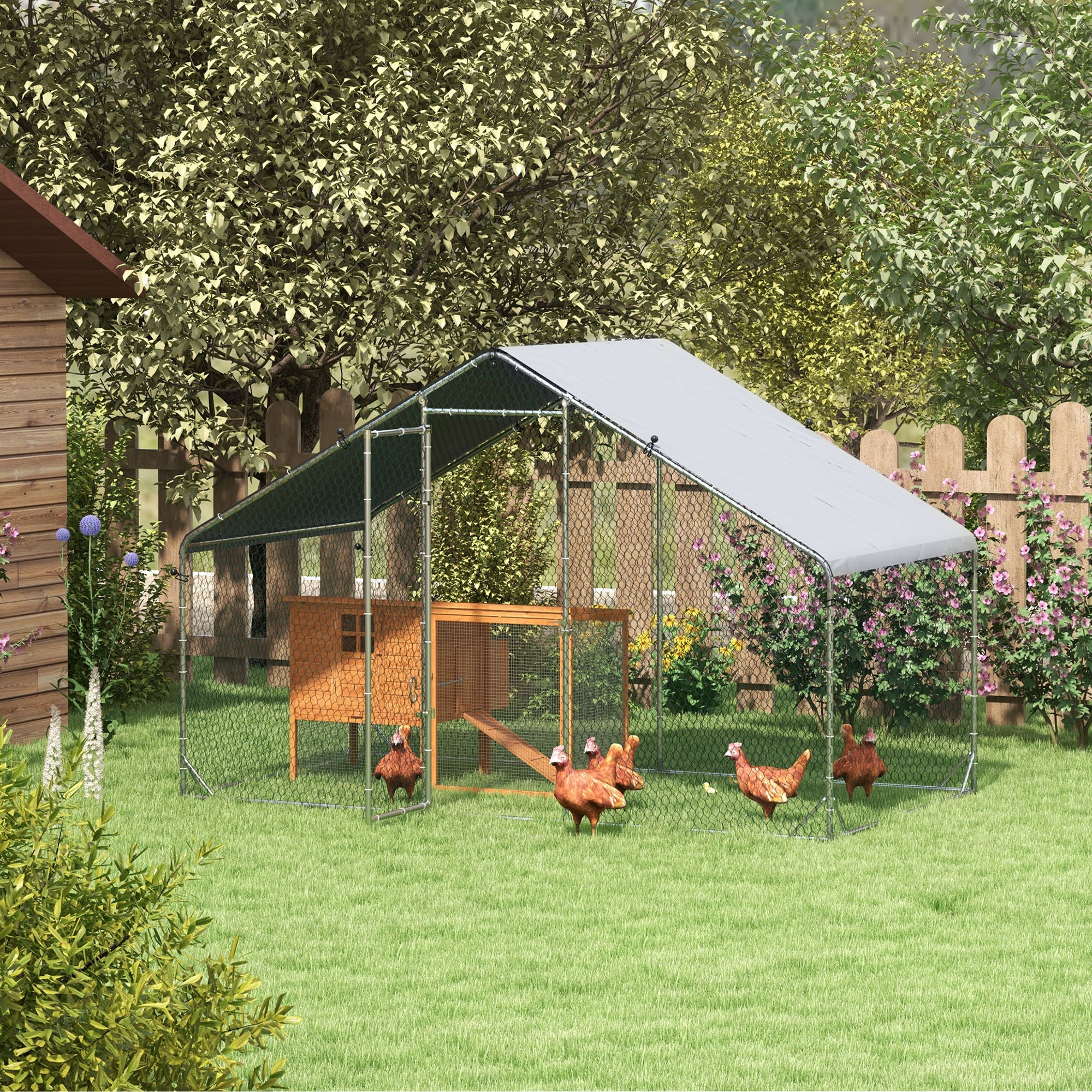 PawHut Chicken Run Galvanised Walk-in Chicken Coop Hen Poultry House Cage Rabbit Hutch Pet Playpen Garden w/ Water-Resist Cover, 3 x 1.7 x 1.9m