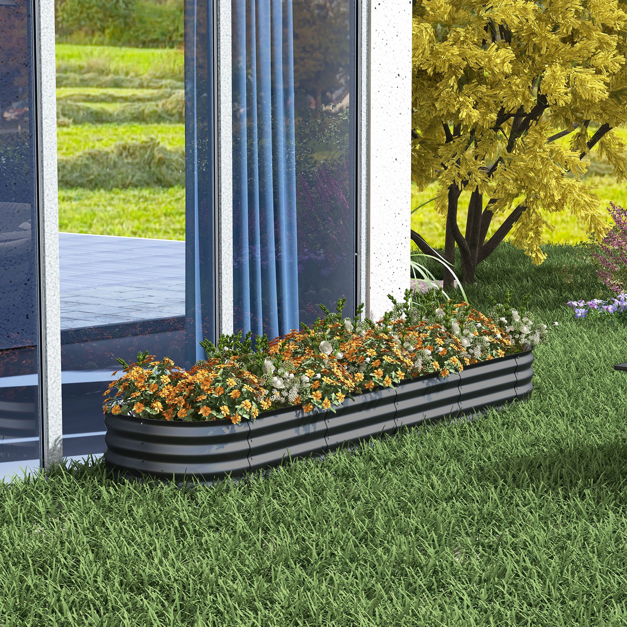 Outsunny 7.9' x 2' x 1' Galvanized Raised Garden Bed Kit, Metal Elevated Planter Box with Safety Edging, Easy DIY for Growing Flowers, Herbs, Succulents, Dark Grey