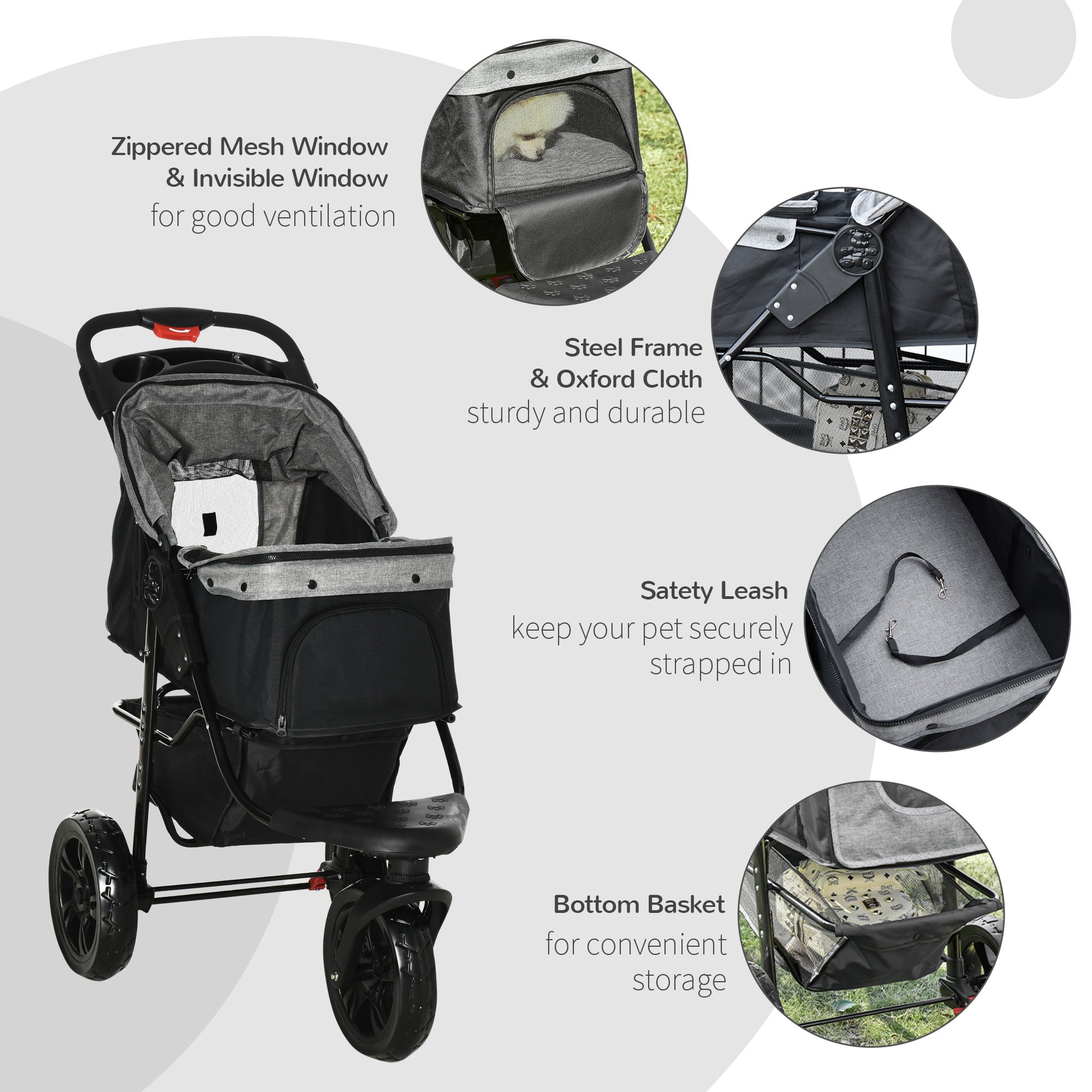 PawHut 3 Wheel Folding Dog Pet Stroller Jogger Travel Carrier Adjustable Canopy Storage Brake Mesh Window for Small Medium Dog Cat Grey
