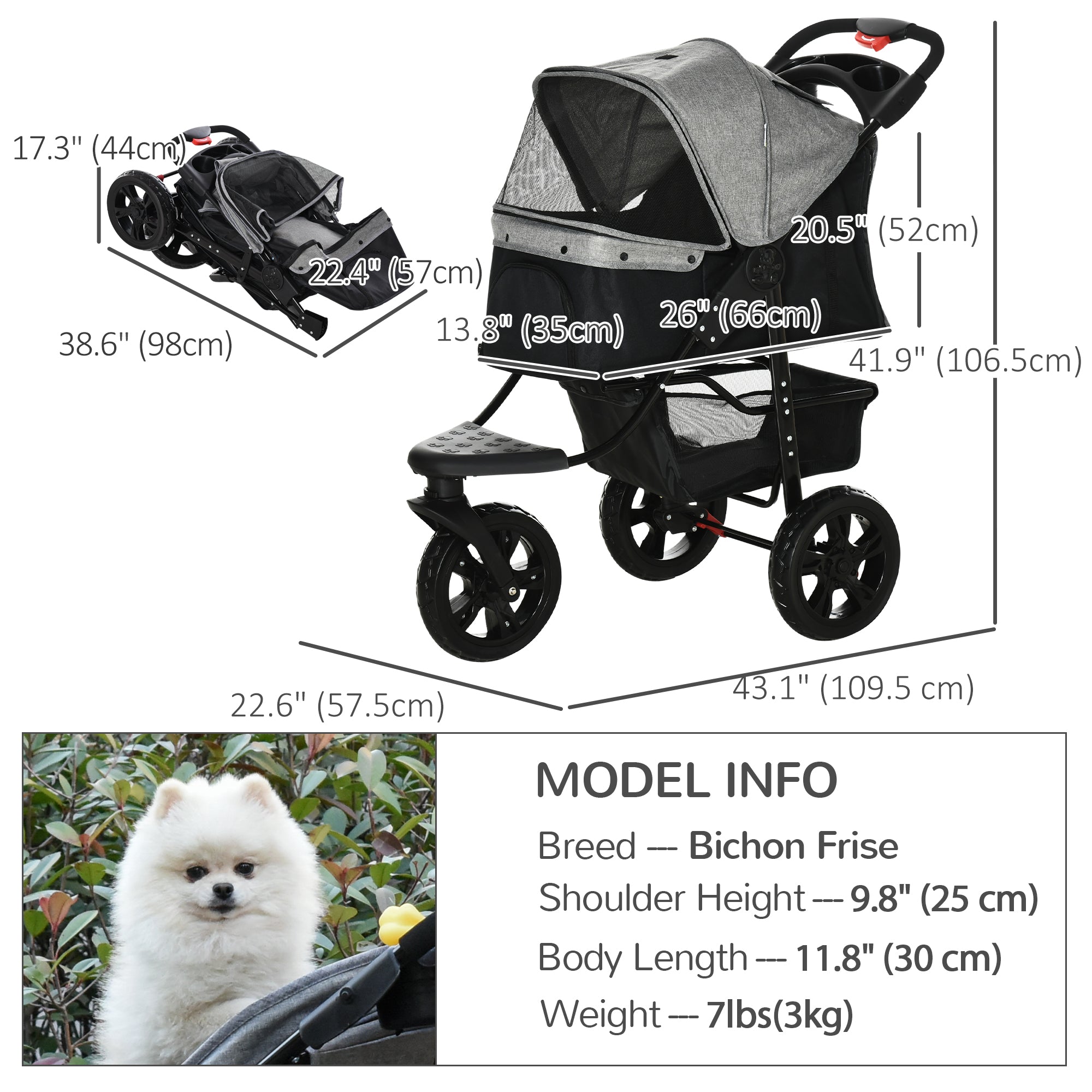 PawHut 3 Wheel Folding Dog Pet Stroller Jogger Travel Carrier Adjustable Canopy Storage Brake Mesh Window for Small Medium Dog Cat Grey