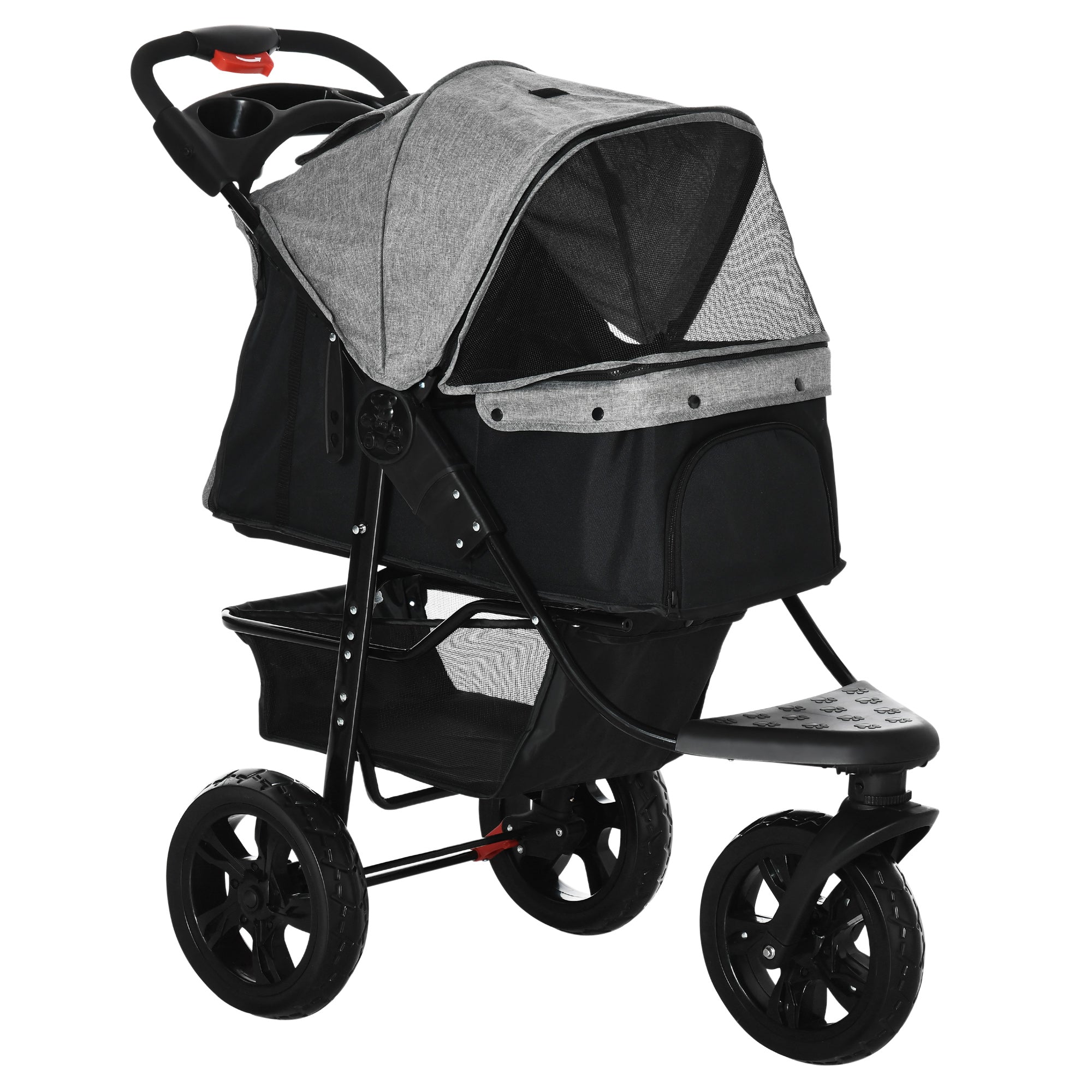 PawHut 3 Wheel Folding Dog Pet Stroller Jogger Travel Carrier Adjustable Canopy Storage Brake Mesh Window for Small Medium Dog Cat Grey