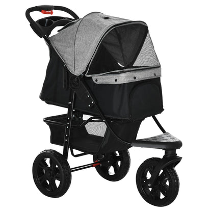 PawHut 3 Wheel Folding Dog Pet Stroller Jogger Travel Carrier Adjustable Canopy Storage Brake Mesh Window for Small Medium Dog Cat Grey