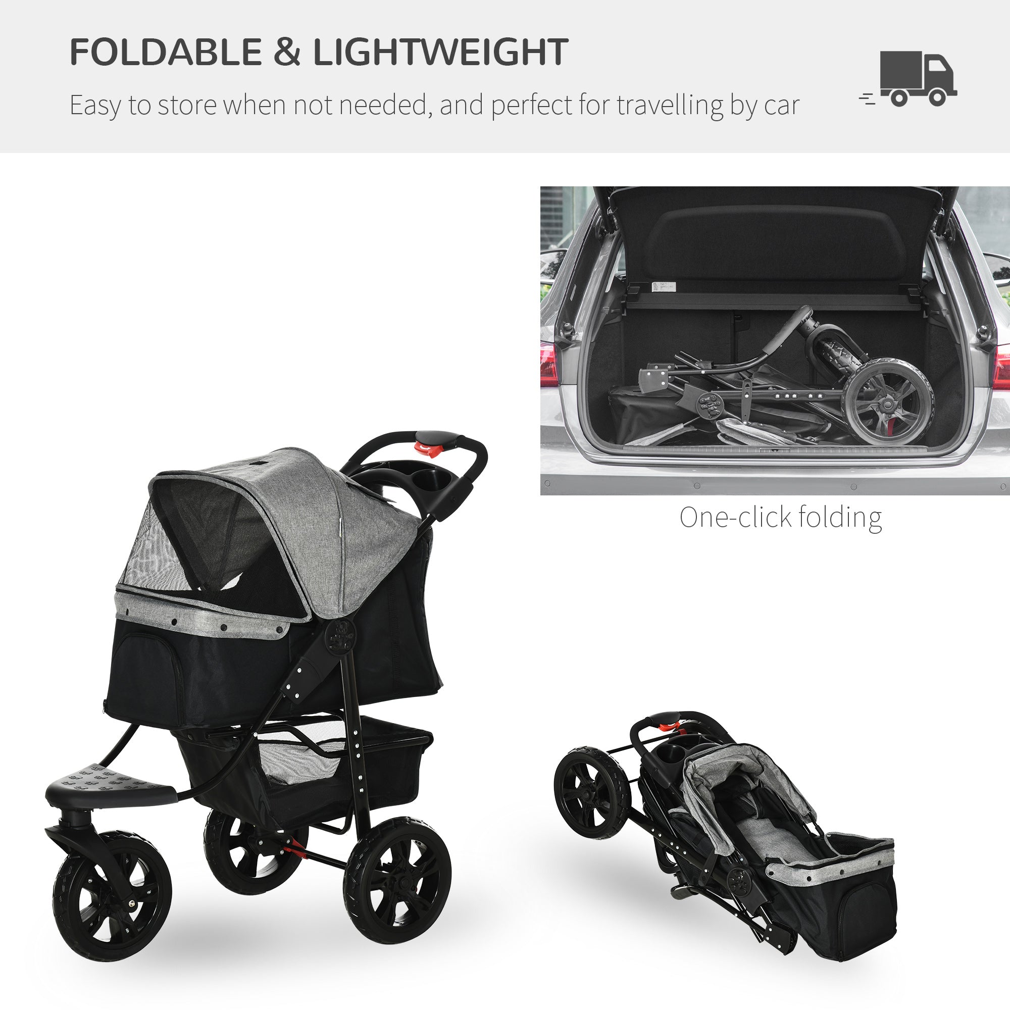 PawHut 3 Wheel Folding Dog Pet Stroller Jogger Travel Carrier Adjustable Canopy Storage Brake Mesh Window for Small Medium Dog Cat Grey