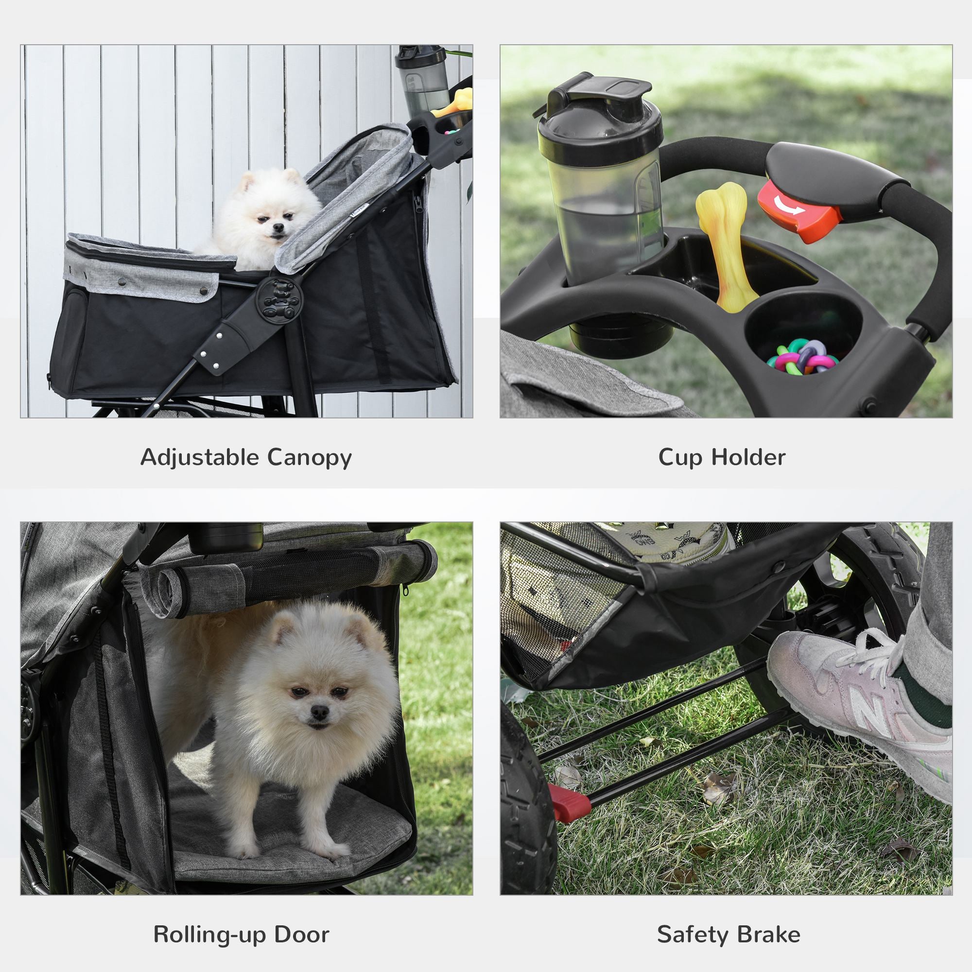 PawHut 3 Wheel Folding Dog Pet Stroller Jogger Travel Carrier Adjustable Canopy Storage Brake Mesh Window for Small Medium Dog Cat Grey