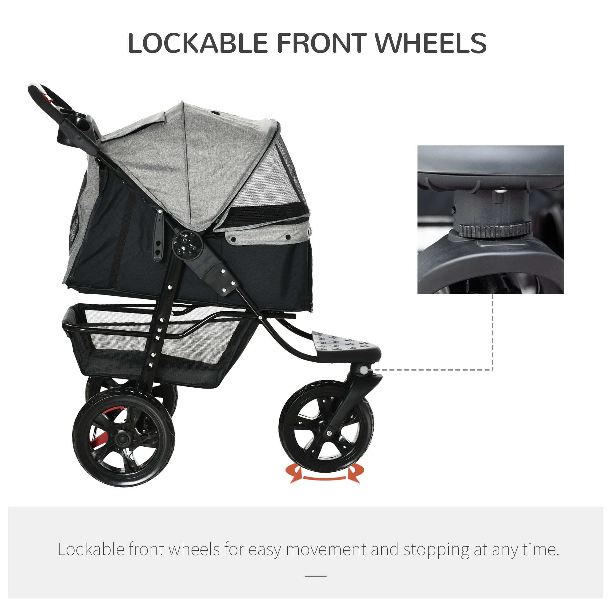 PawHut 3 Wheel Folding Dog Pet Stroller Jogger Travel Carrier Adjustable Canopy Storage Brake Mesh Window for Small Medium Dog Cat Grey