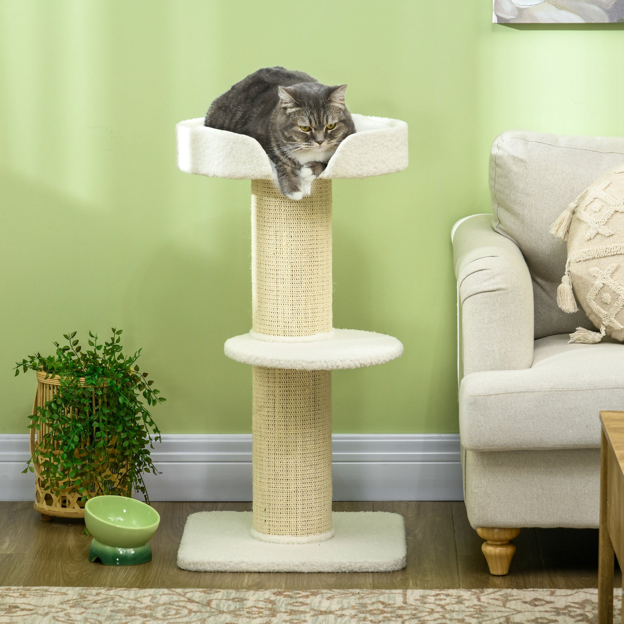 PawHut 36"H Large Cat Scratching Post for Indoor Cats, Bold Cat Tree Multi-Level Kitty Tower with Sisal Mat Scratch Rope, Cat Bed, Removable Cushion, Perch, Cream White