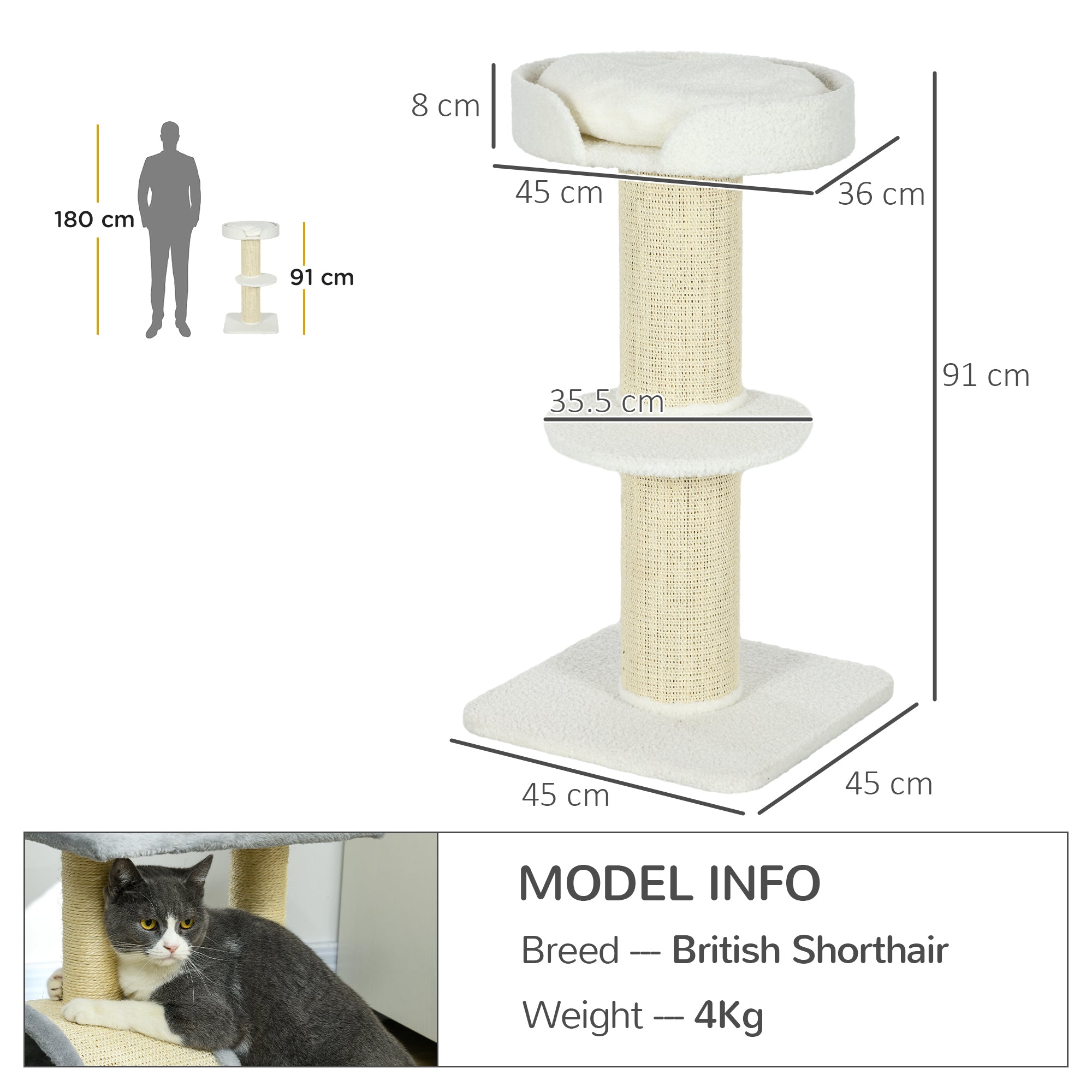 PawHut 91cm Cat Tower Scratching Posts Cat Tree for Indoor Cats Kitten Activity Centre Cream White
