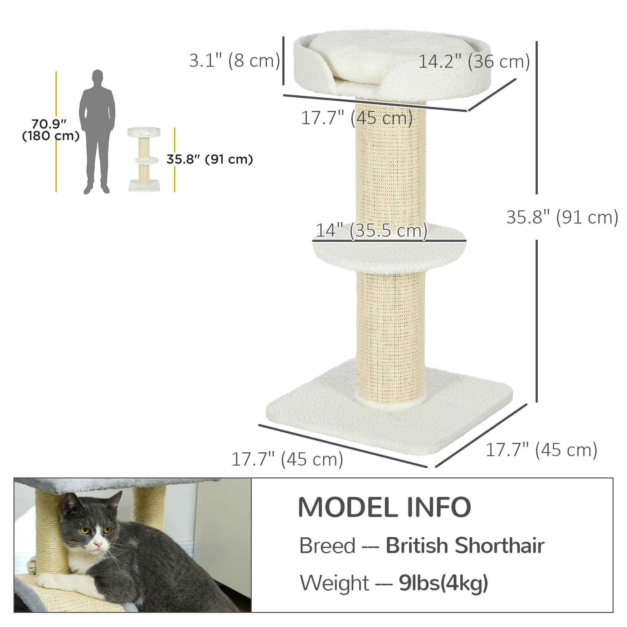 PawHut 36"H Large Cat Scratching Post for Indoor Cats, Bold Cat Tree Multi-Level Kitty Tower with Sisal Mat Scratch Rope, Cat Bed, Removable Cushion, Perch, Cream White