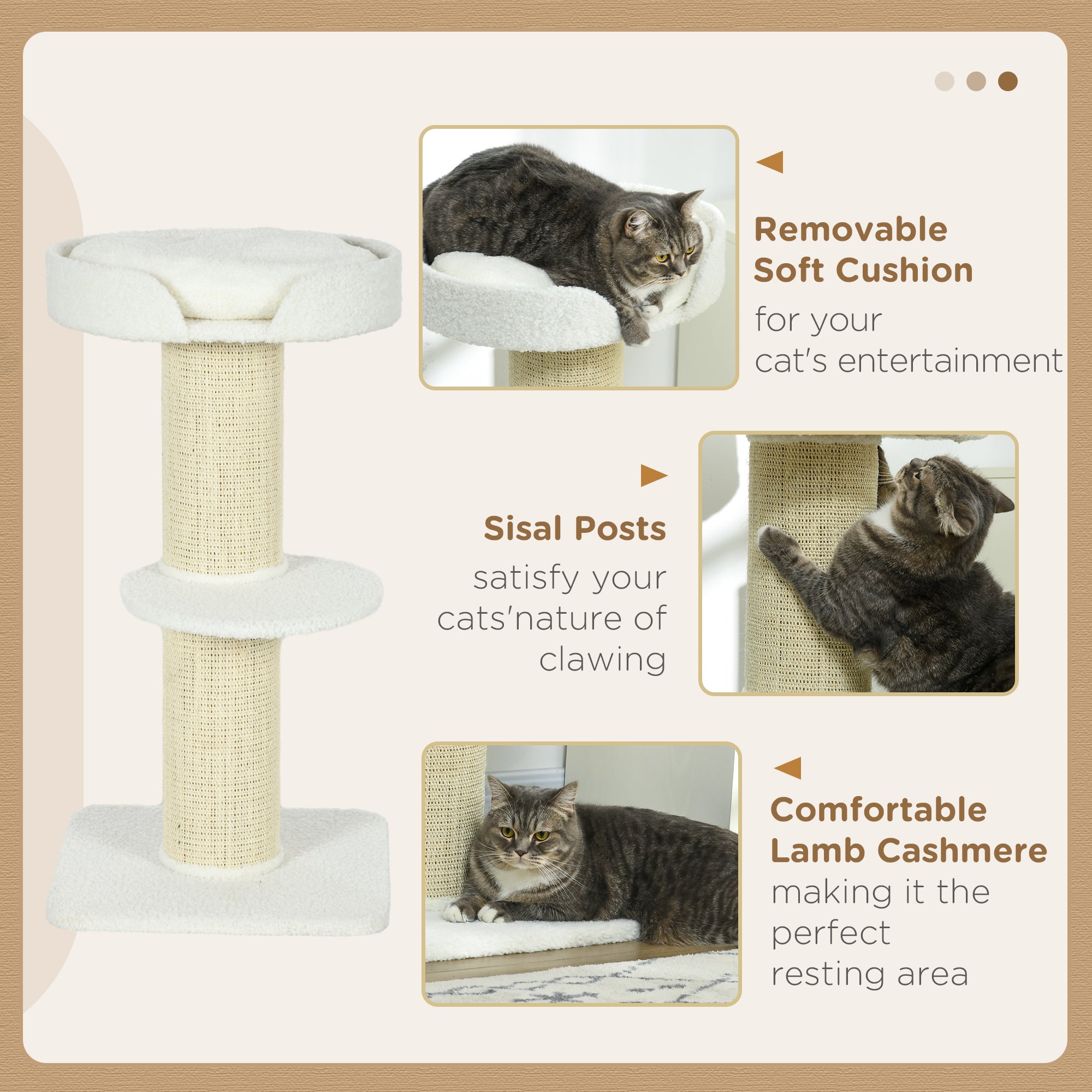PawHut 36"H Large Cat Scratching Post for Indoor Cats, Bold Cat Tree Multi-Level Kitty Tower with Sisal Mat Scratch Rope, Cat Bed, Removable Cushion, Perch, Cream White