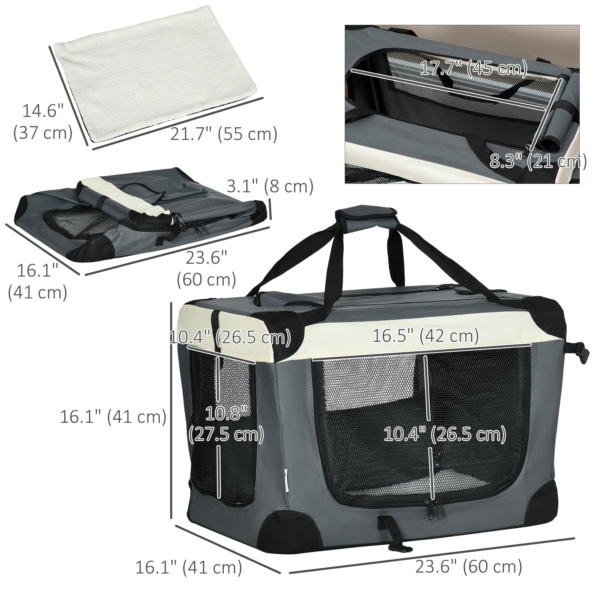 PawHut 24" Foldable Pet Carrier, Portable Cat Carrier with Removable Mat, Breathable Mesh, Soft Side Pet Travel Crate for Cat & Miniature Dogs, Grey