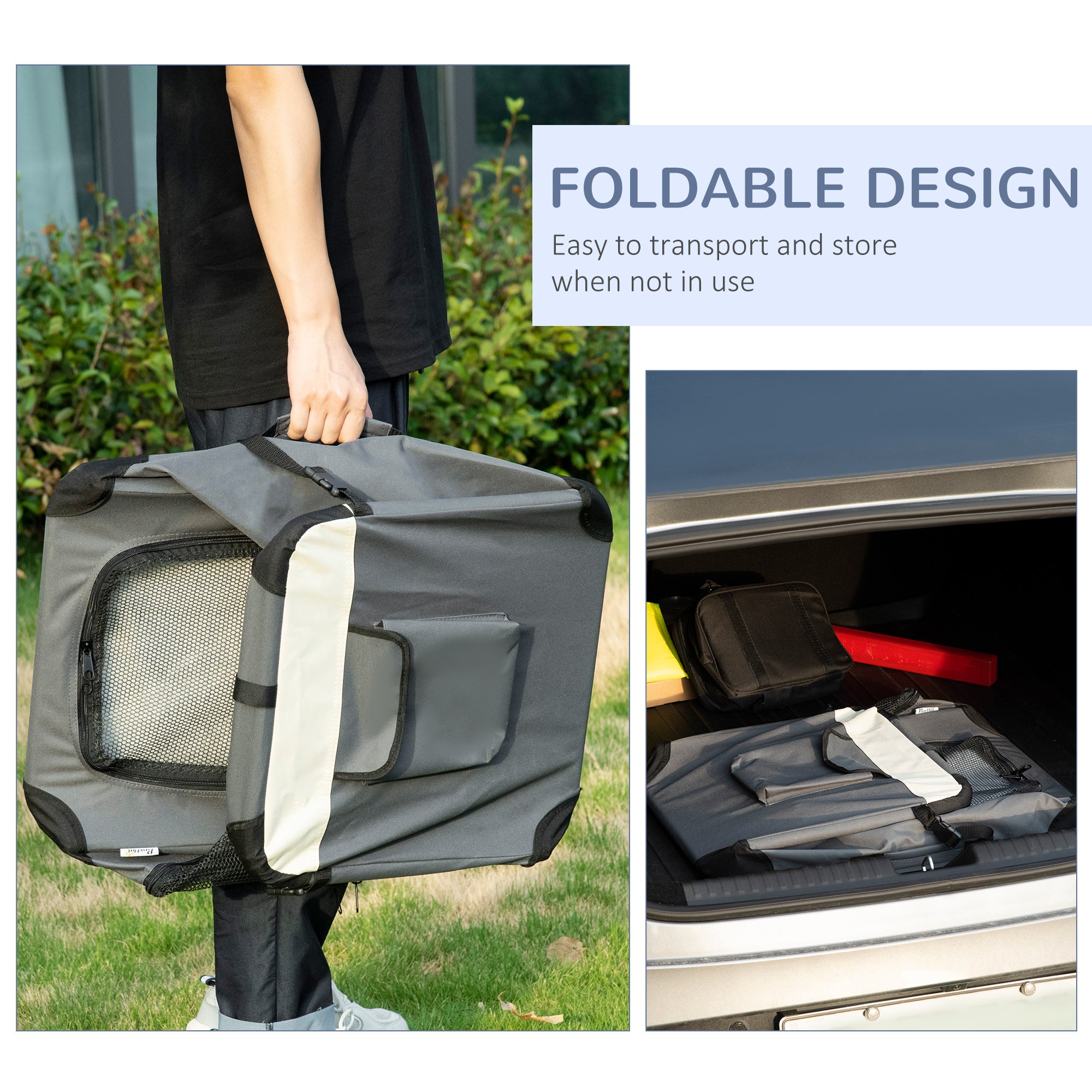 PawHut 60cm Foldable Pet Carrier for Miniature Dogs, Portable Cat Carrier Soft Side Pet Travel Crate with Removable Mat, Breathable Mesh - Grey