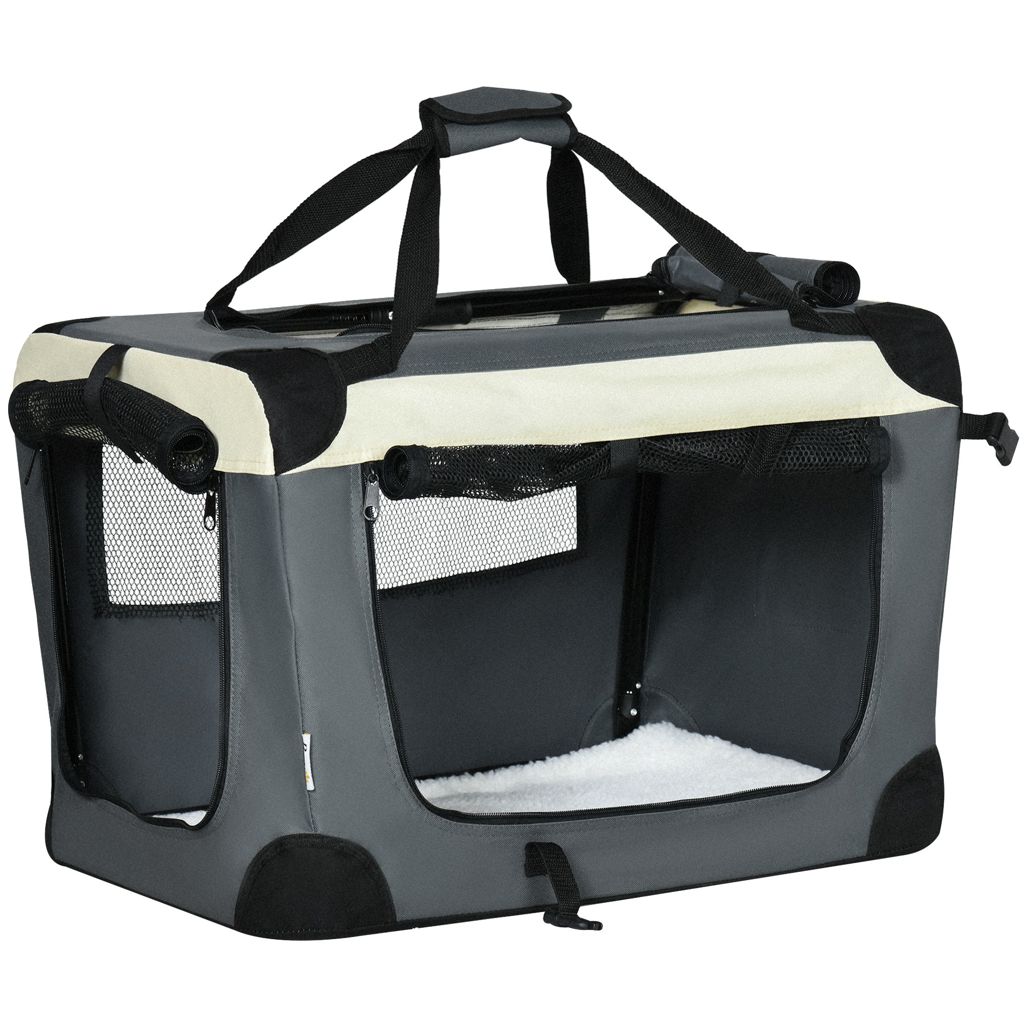PawHut 60cm Foldable Pet Carrier for Miniature Dogs, Portable Cat Carrier Soft Side Pet Travel Crate with Removable Mat, Breathable Mesh - Grey