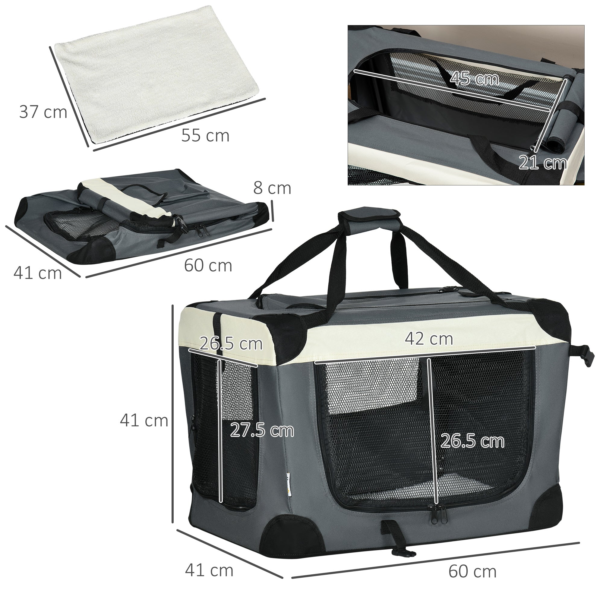 PawHut 60cm Foldable Pet Carrier for Miniature Dogs, Portable Cat Carrier Soft Side Pet Travel Crate with Removable Mat, Breathable Mesh - Grey