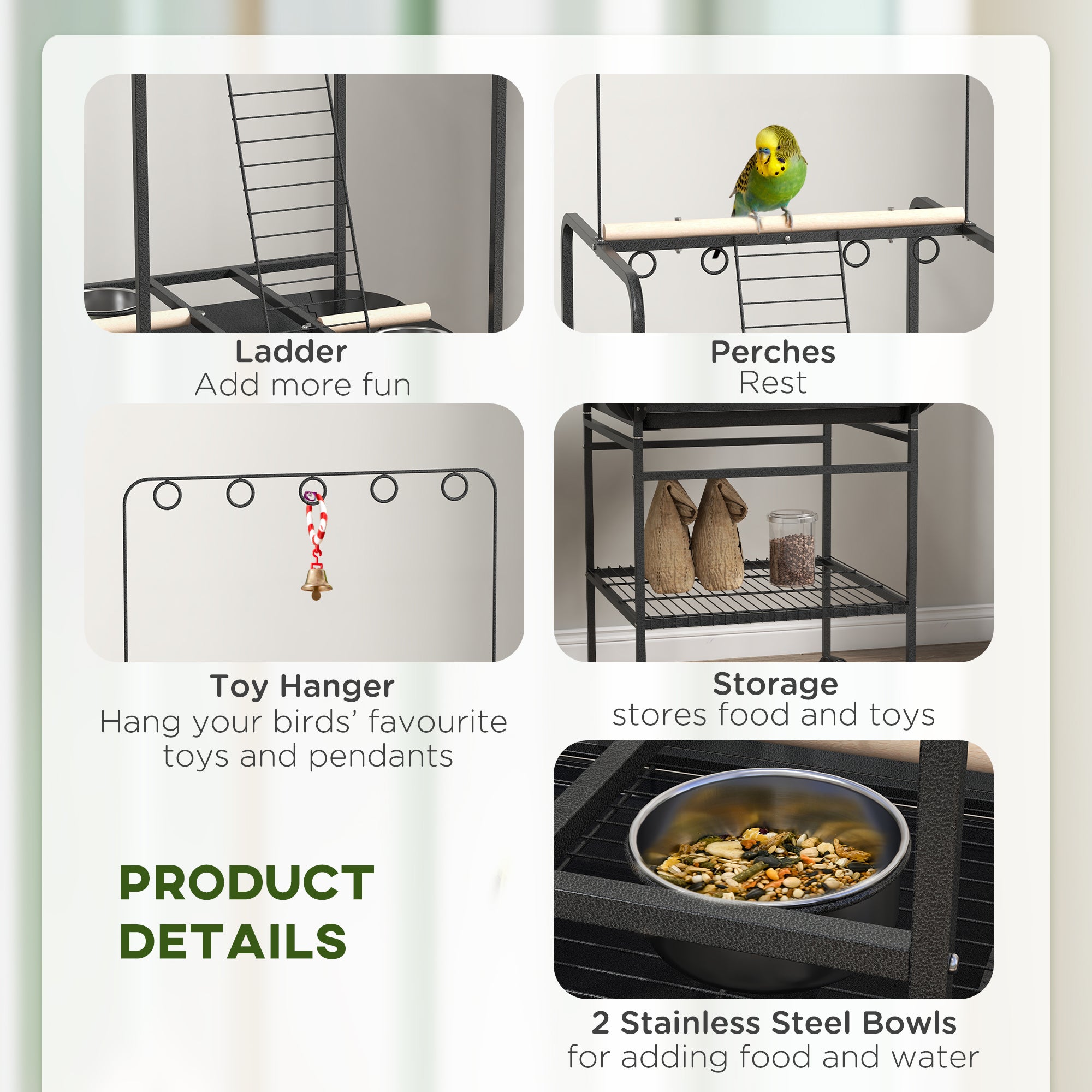 PawHut Bird Table, Bird Feeder Stand with Wheels, Perches, Stainless Steel Feed Bowls, Pull-Out Tray for Indoor, Outdoors, Small Parrot Table - Dark Grey