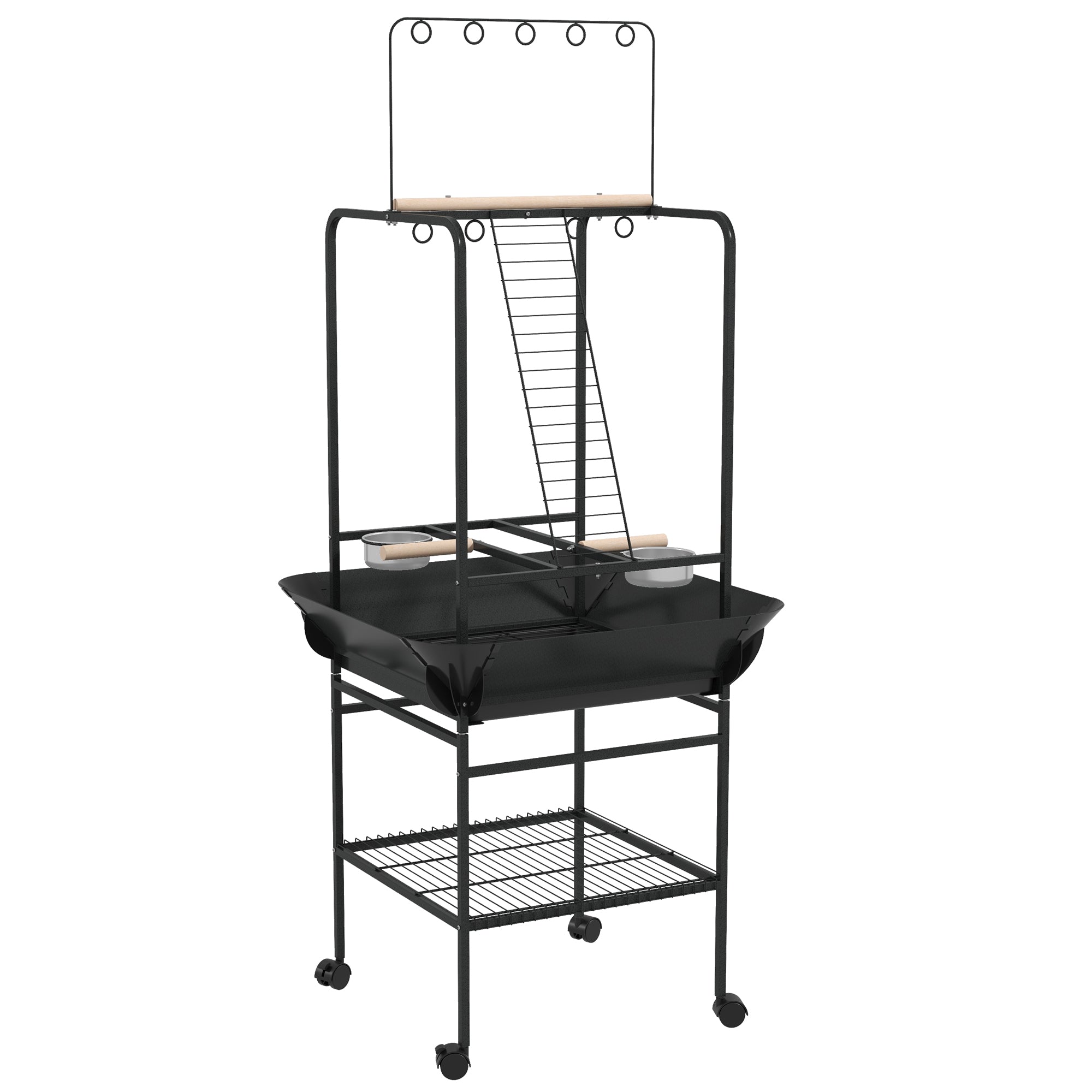 PawHut Bird Table, Bird Feeder Stand with Wheels, Perches, Stainless Steel Feed Bowls, Pull-Out Tray for Indoor, Outdoors, Small Parrot Table - Dark Grey