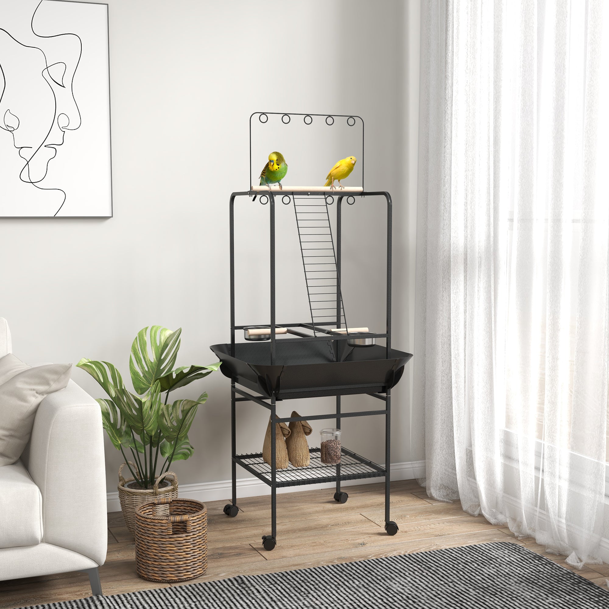 PawHut Bird Stand with Wheels, Parrot Stand with Perches, Stainless Steel Feed Bowls, Pull-Out Tray, Toy Hanger, Bird Play Stand for Indoor Outdoor Small Parrot, Dark Gray