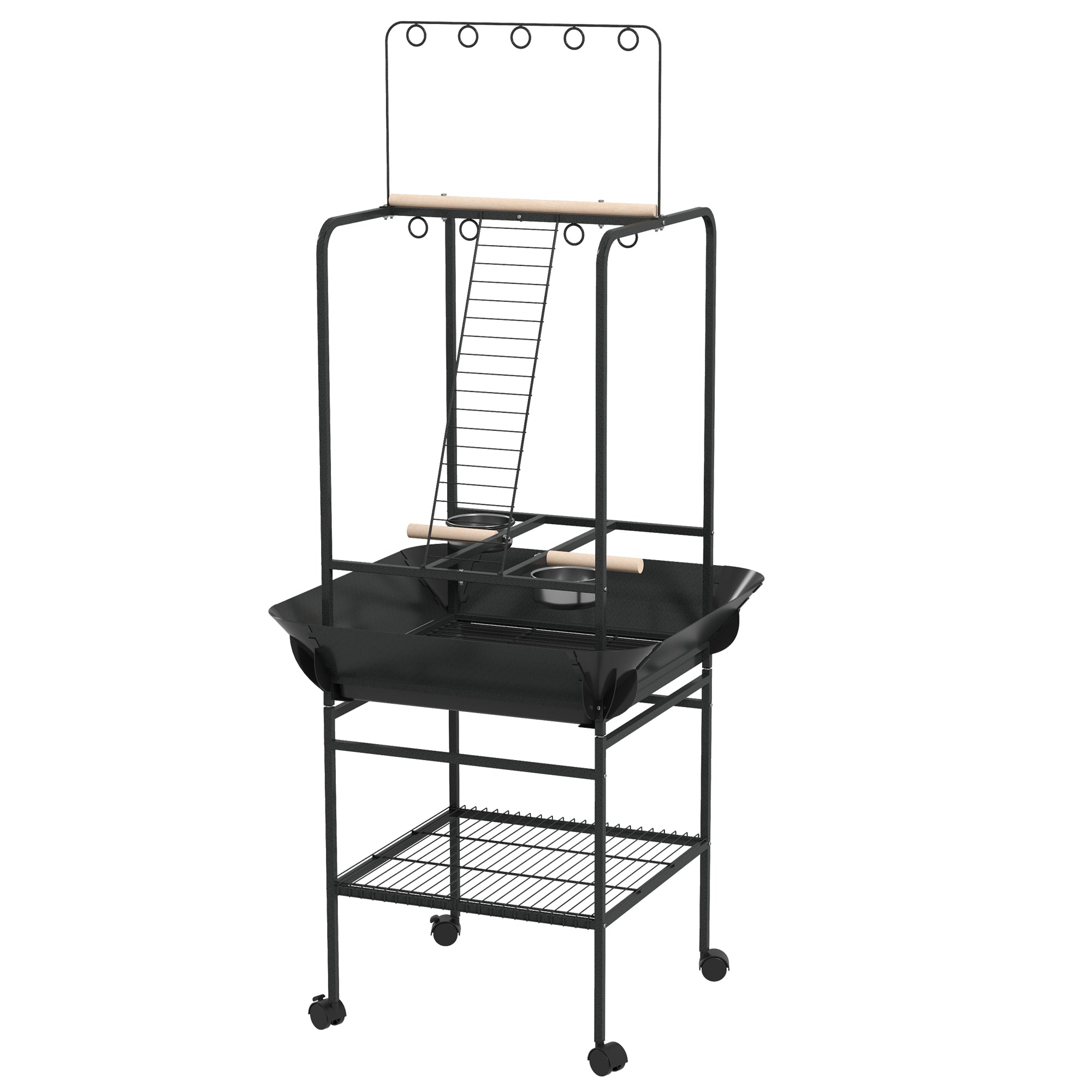 PawHut Bird Table, Bird Feeder Stand with Wheels, Perches, Stainless Steel Feed Bowls, Pull-Out Tray for Indoor, Outdoors, Small Parrot Table - Dark Grey