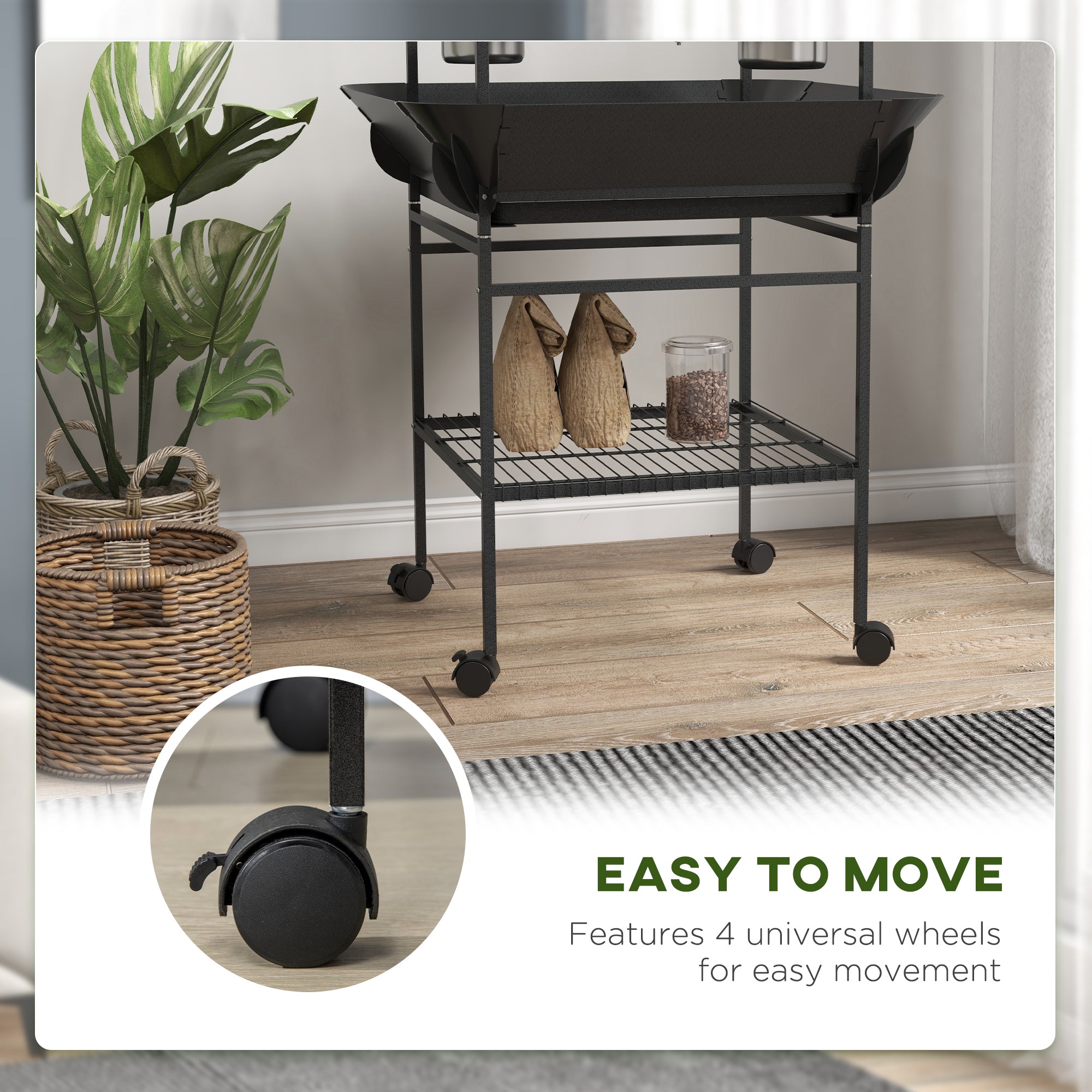 PawHut Bird Table, Bird Feeder Stand with Wheels, Perches, Stainless Steel Feed Bowls, Pull-Out Tray for Indoor, Outdoors, Small Parrot Table - Dark Grey