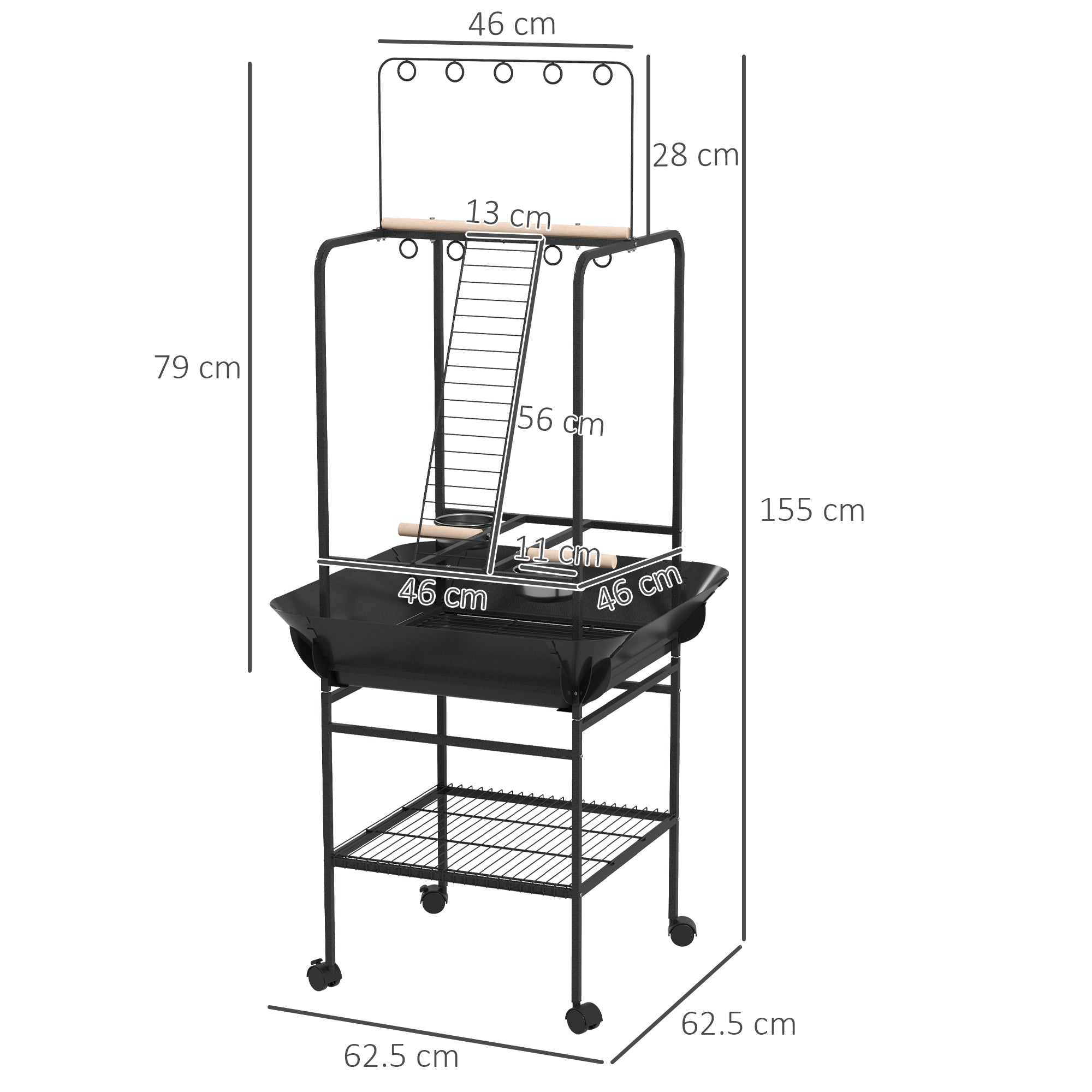 PawHut Bird Table, Bird Feeder Stand with Wheels, Perches, Stainless Steel Feed Bowls, Pull-Out Tray for Indoor, Outdoors, Small Parrot Table - Dark Grey