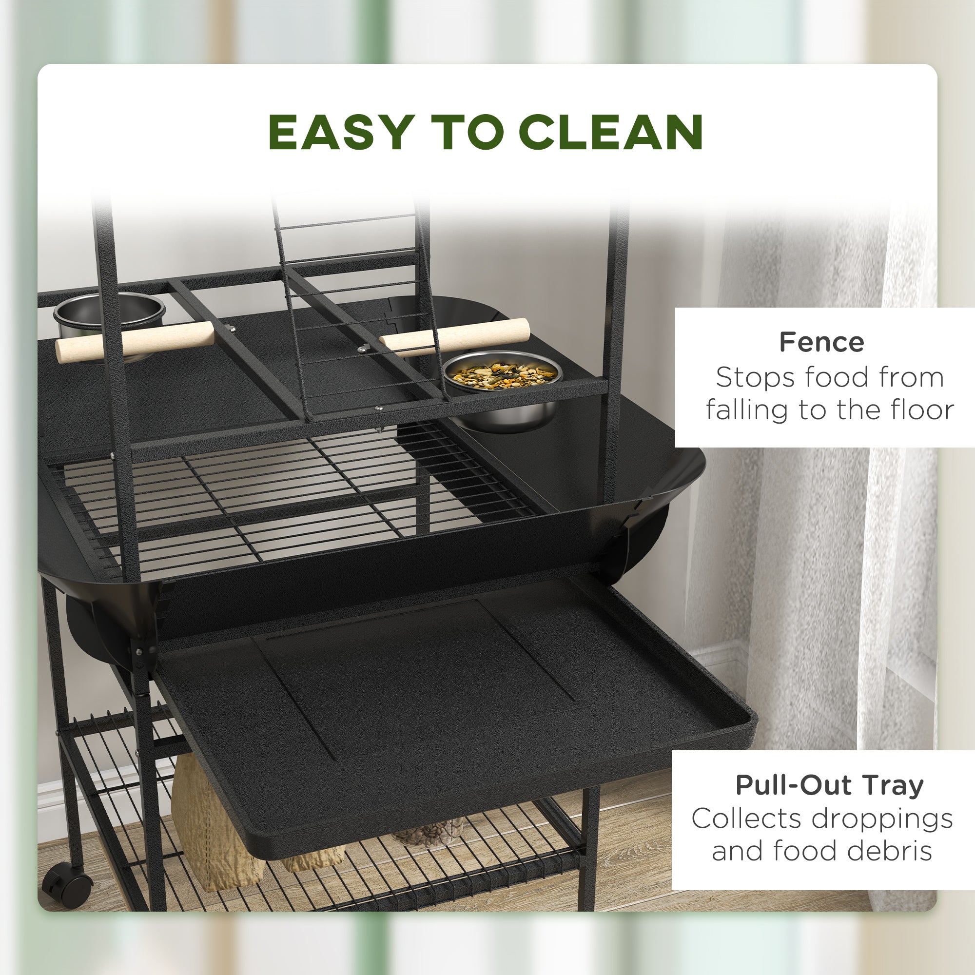 PawHut Bird Table, Bird Feeder Stand with Wheels, Perches, Stainless Steel Feed Bowls, Pull-Out Tray for Indoor, Outdoors, Small Parrot Table - Dark Grey