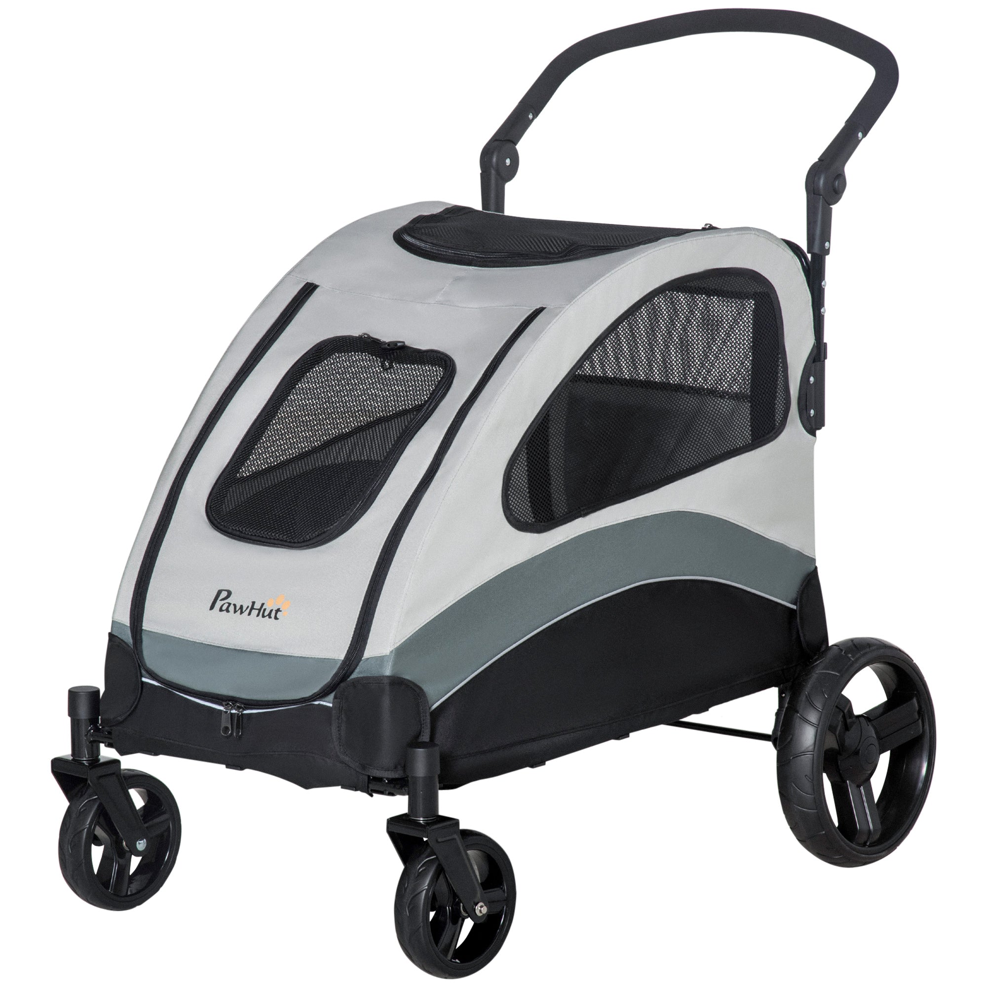 PawHut Pet Stroller for Medium Dogs Cat Pushchair Buggy Pram with 4 Wheels Safety Leash Zipper Doors Mesh Windows Storage Bag - Grey