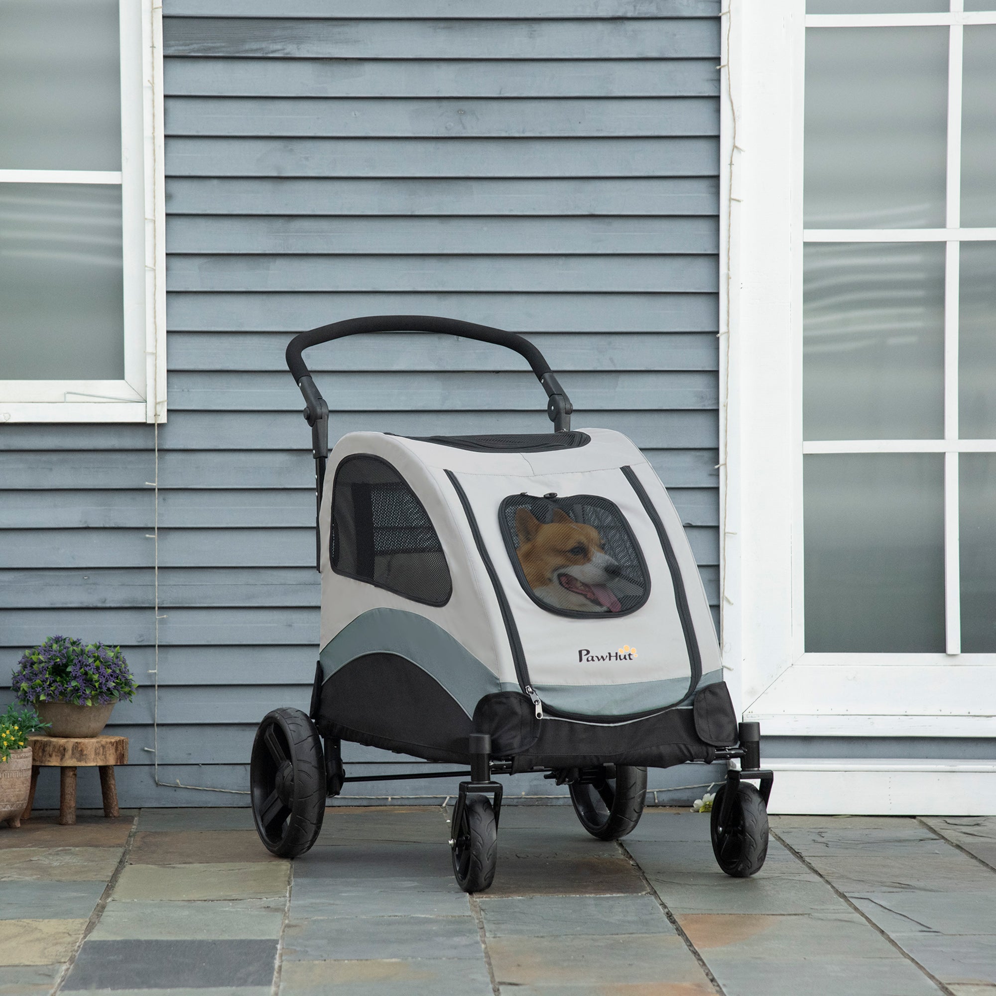 PawHut Pet Stroller for Medium Dogs Cat Pushchair Buggy Pram with 4 Wheels Safety Leash Zipper Doors Mesh Windows Storage Bag - Grey