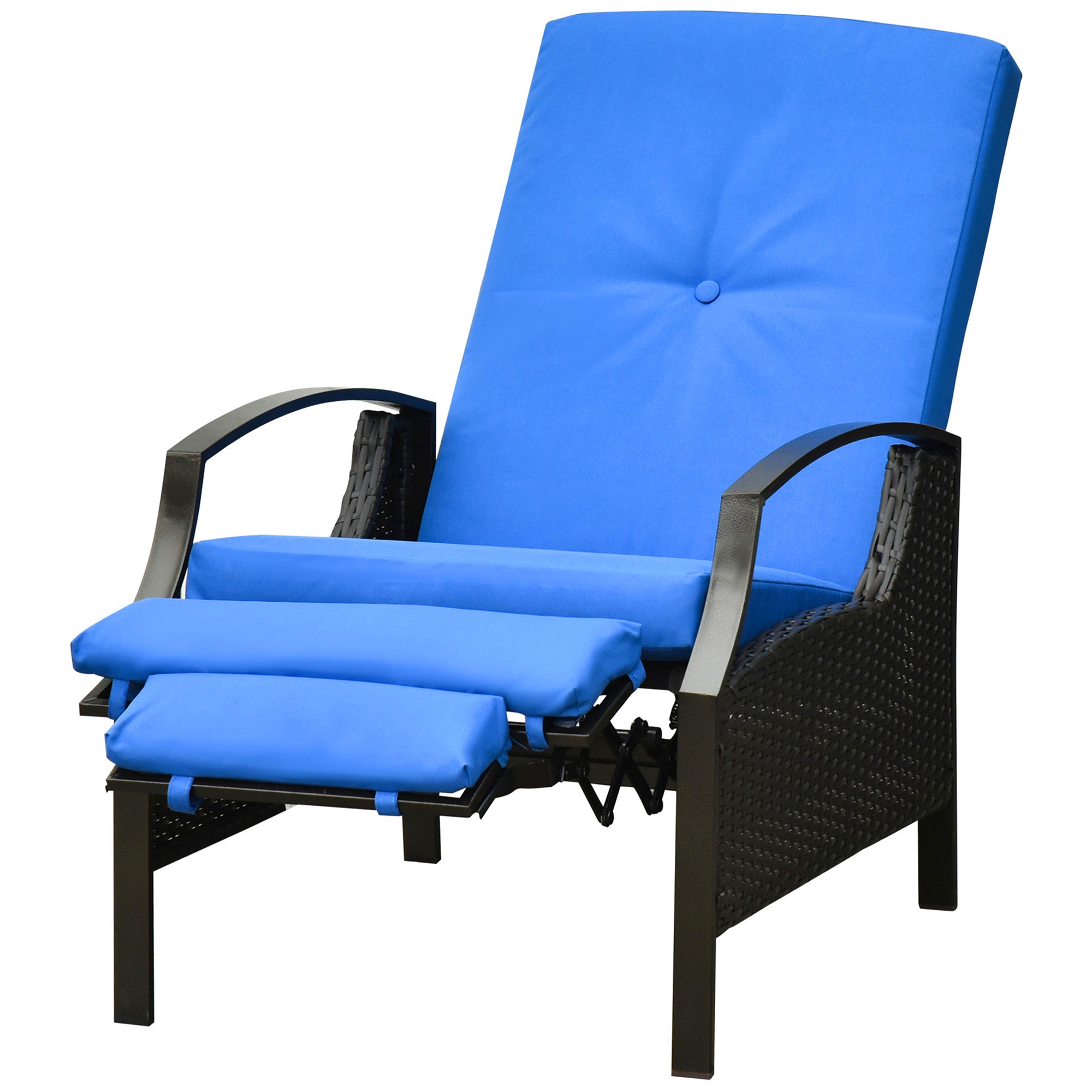 Outsunny Wicker Recliner Chair Sofa Patio Furniture Outdoor Chair Rattan Relaxing Lounge Seat Garden Adjustable Armchair with Cushion with Retractable Footrest Dark Brown/Blue