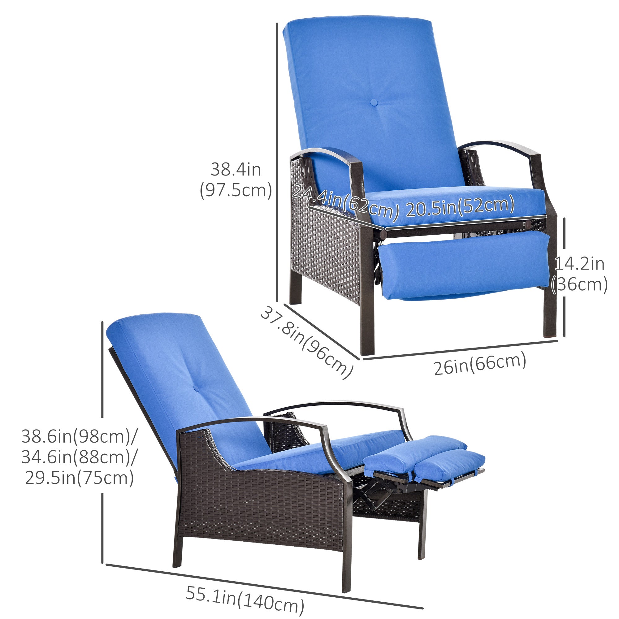 Outsunny Wicker Recliner Chair Sofa Patio Furniture Outdoor Chair Rattan Relaxing Lounge Seat Garden Adjustable Armchair with Cushion with Retractable Footrest Dark Brown/Blue