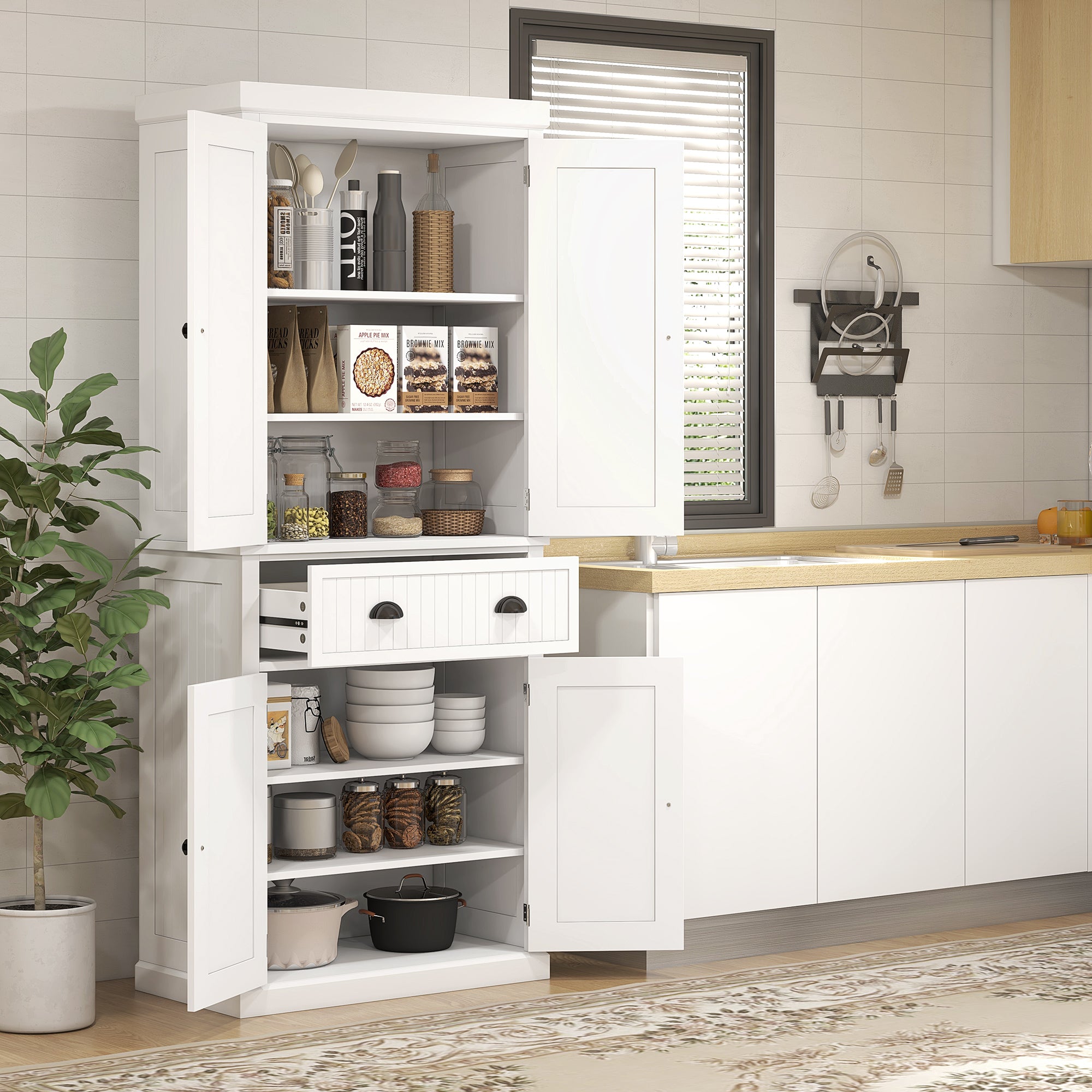 HOMCOM Freestanding Kitchen Pantry Storage Cabinet, Tall Cabinet with Drawer and Adjustable Shelves, White
