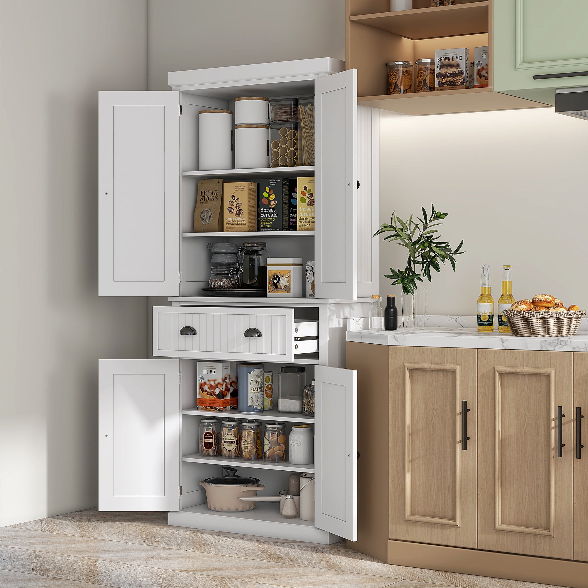 HOMCOM Freestanding Kitchen Pantry Storage Cabinet, Tall Cabinet with Drawer and Adjustable Shelves, White