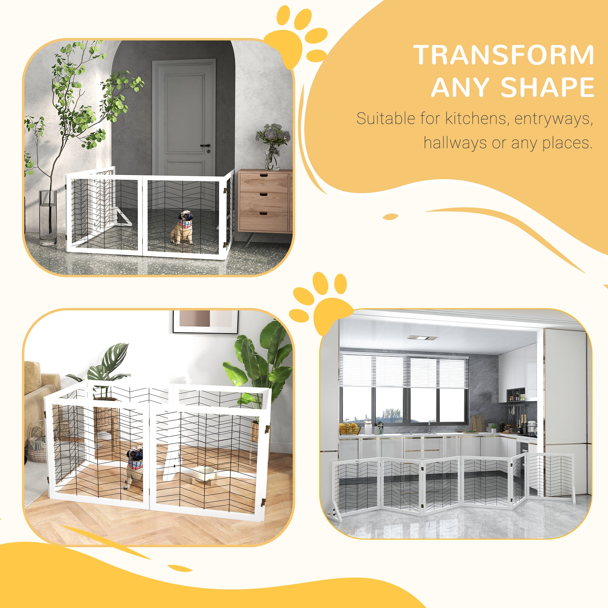 PawHut Freestanding Pet Gate, 6 Panels Dog Playpen, Foldable Dog Barrier with 2 Pcs Support Feet, for House, Doorway, Stairs, Small and Medium Dogs - White