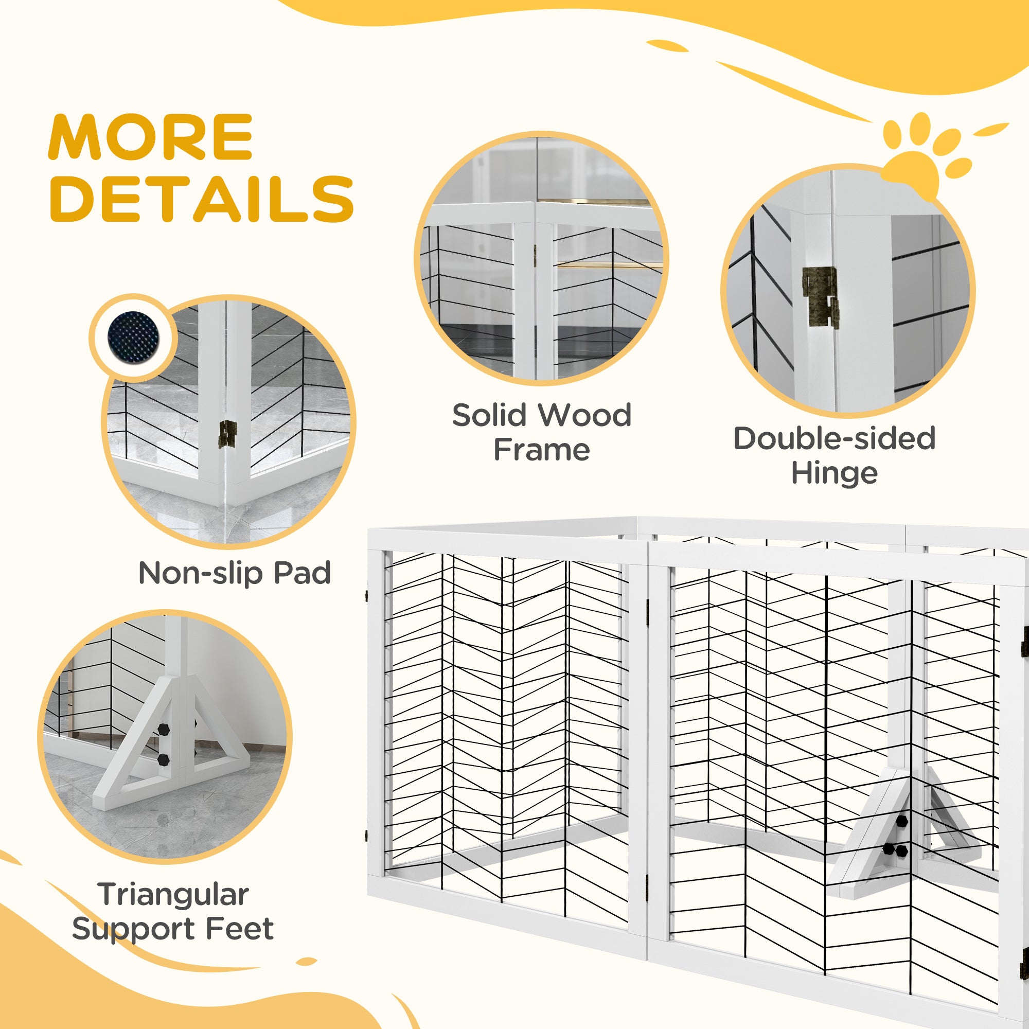 PawHut Freestanding Pet Gate, 6 Panels Dog Playpen, Foldable Dog Barrier with 2 Pcs Support Feet, for House, Doorway, Stairs, Small and Medium Dogs - White