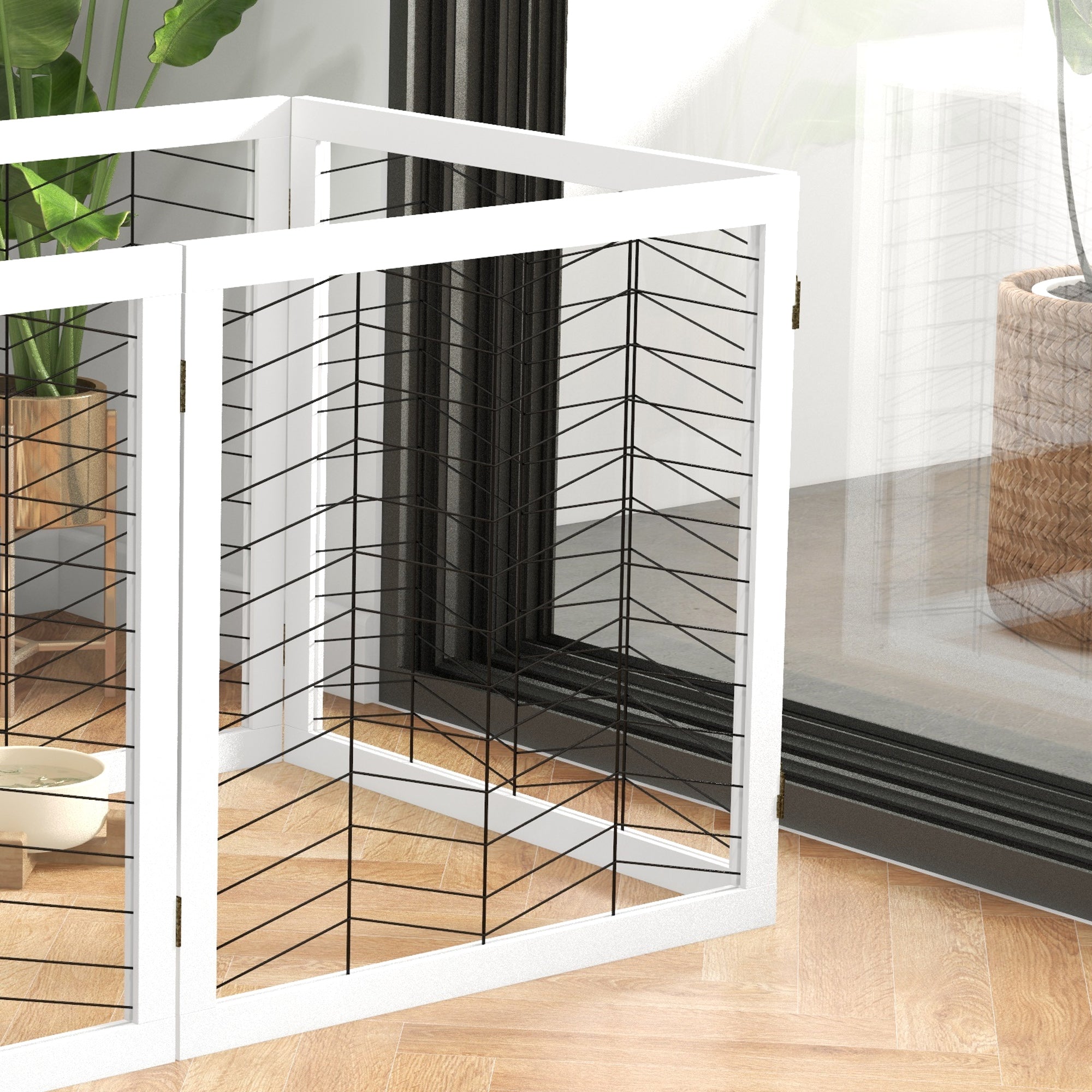 PawHut Freestanding Pet Gate, 6 Panels Dog Playpen, Foldable Dog Barrier with 2 Pcs Support Feet, for House, Doorway, Stairs, Small and Medium Dogs - White