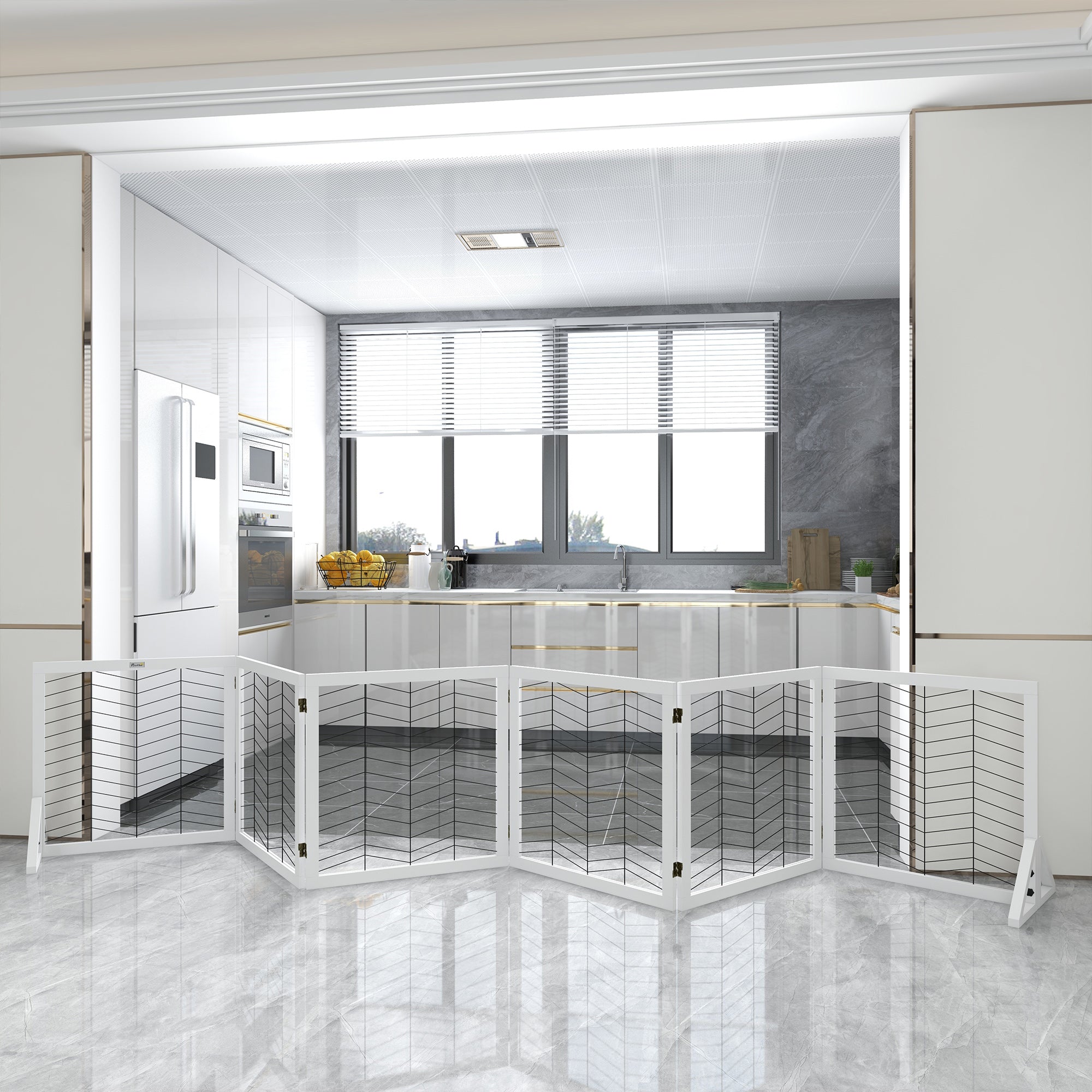 PawHut Freestanding Pet Gate, 6 Panels Dog Playpen, Foldable Dog Barrier with 2 Pcs Support Feet, for House, Doorway, Stairs, Small and Medium Dogs - White