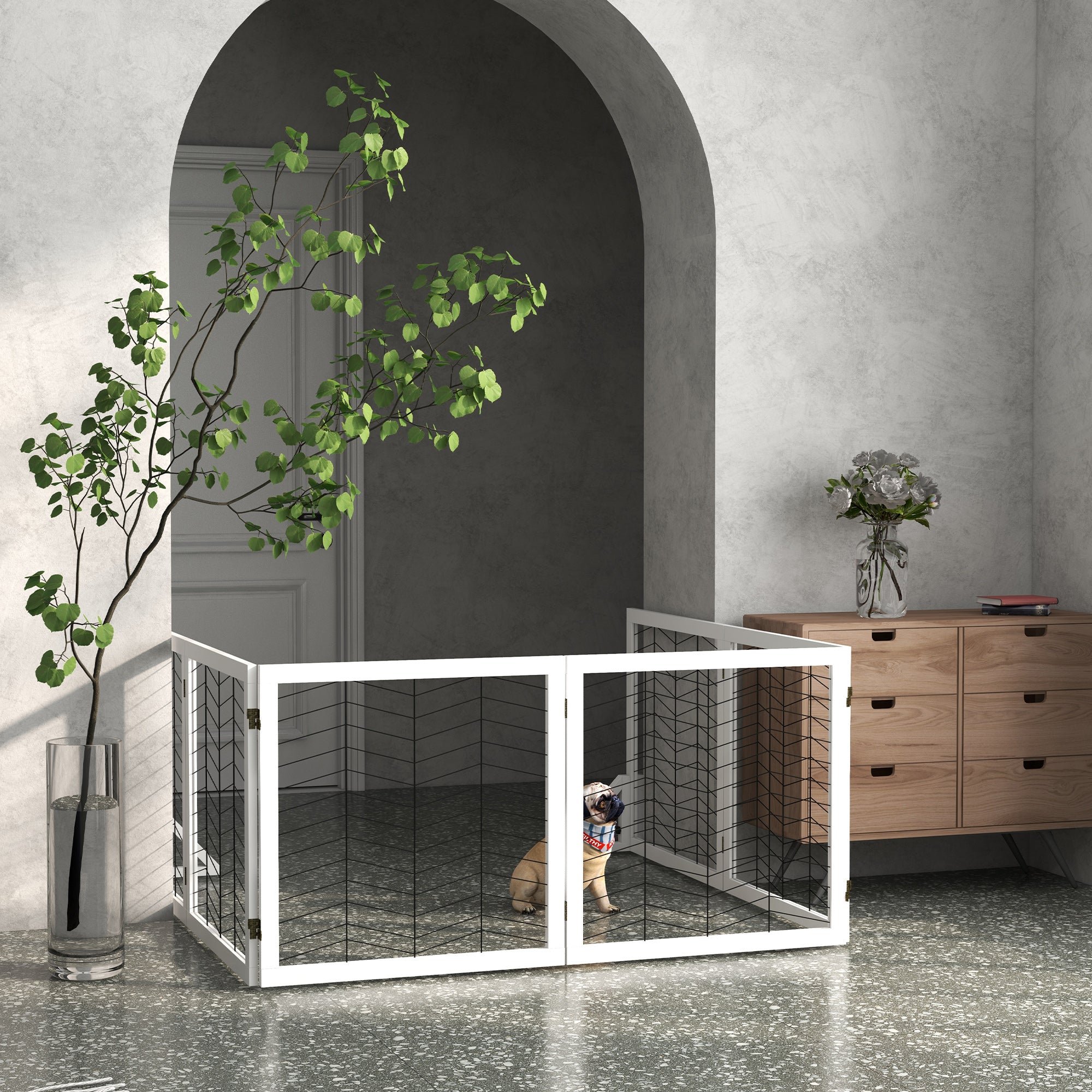 PawHut Freestanding Pet Gate, 6 Panels Dog Playpen, Foldable Dog Barrier with 2 Pcs Support Feet, for House, Doorway, Stairs, Small and Medium Dogs - White