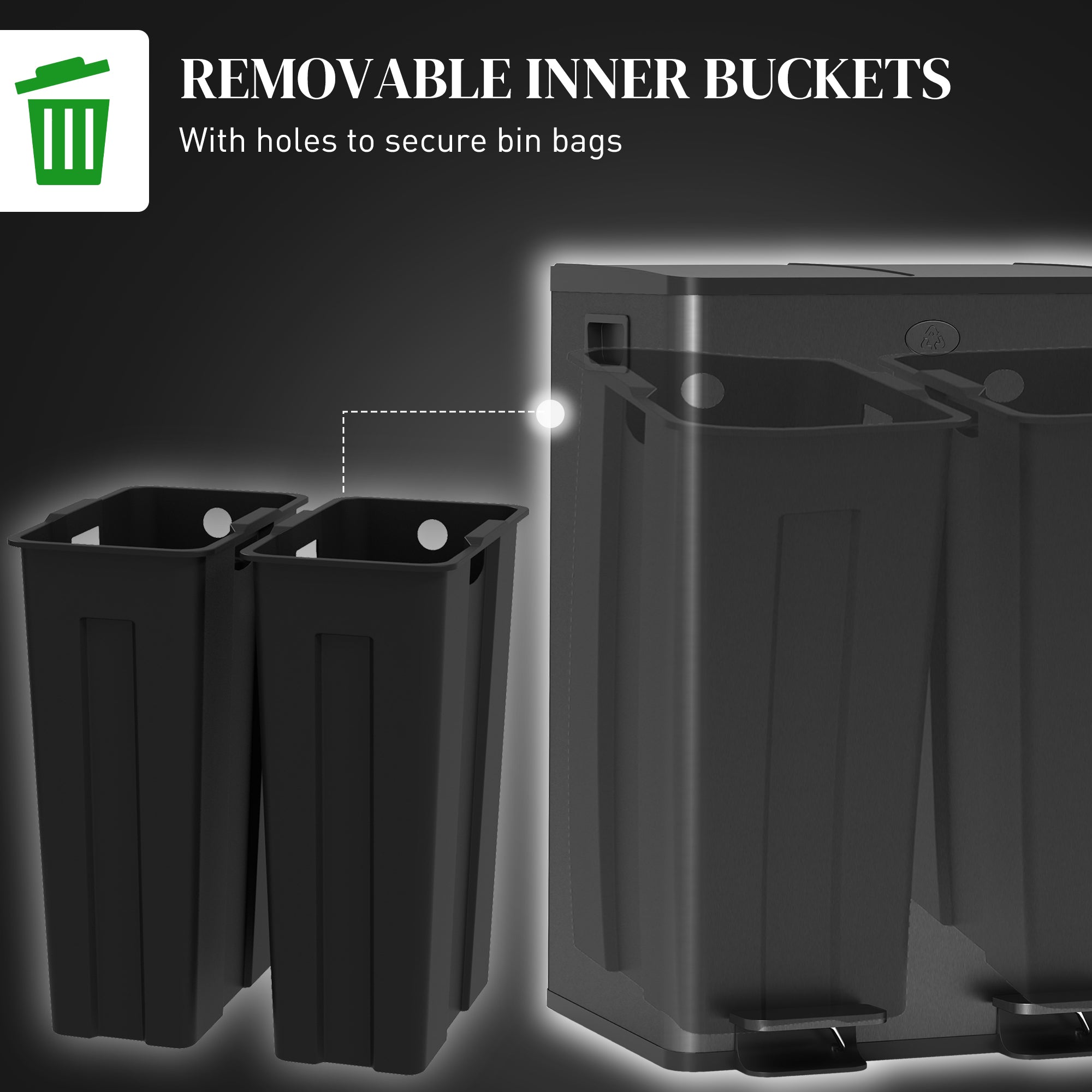 HOMCOM Dual Kitchen Garbage Bin, 2 x 7.4 Gallon (2 x 28 L) Trash Can with Foot Pedal, Soft-Close Garbage Can with Removable Inner Buckets, Fingerprint-Proof for Kitchen, Black