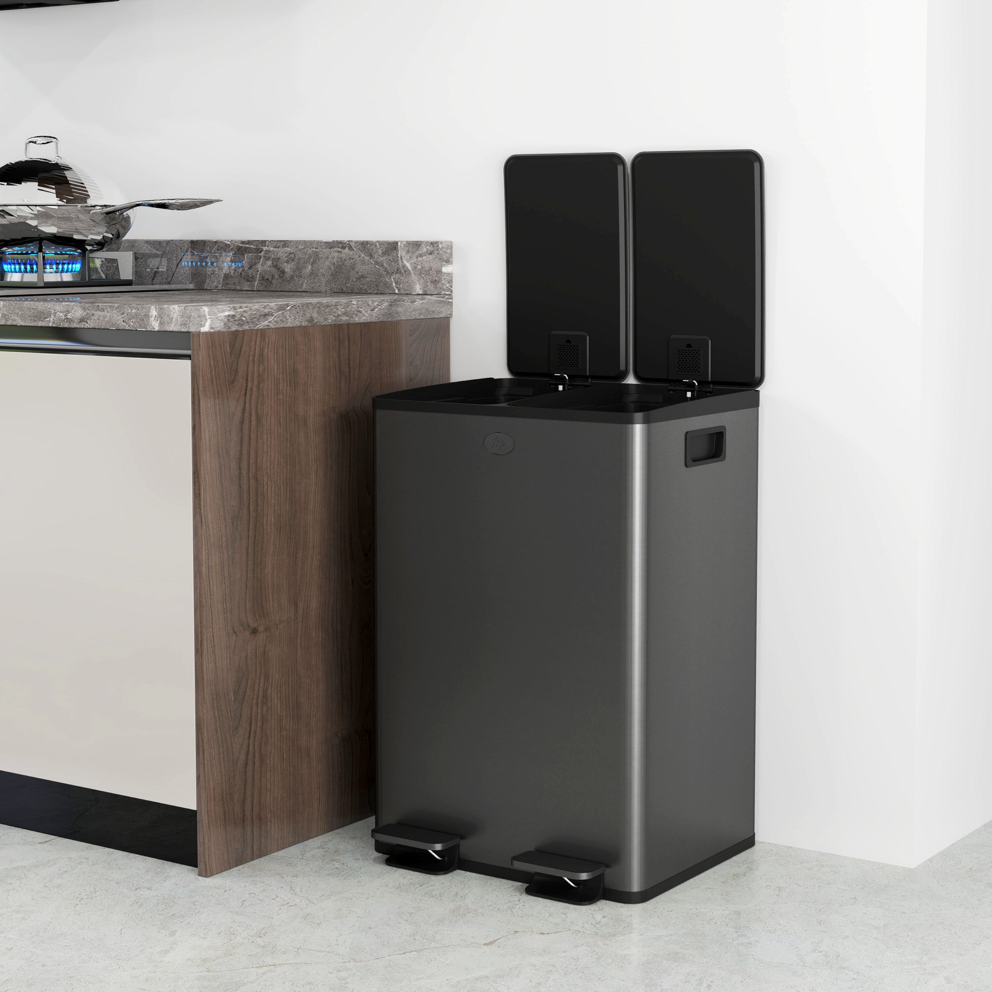 HOMCOM Dual Kitchen Garbage Bin, 2 x 7.4 Gallon (2 x 28 L) Trash Can with Foot Pedal, Soft-Close Garbage Can with Removable Inner Buckets, Fingerprint-Proof for Kitchen, Black